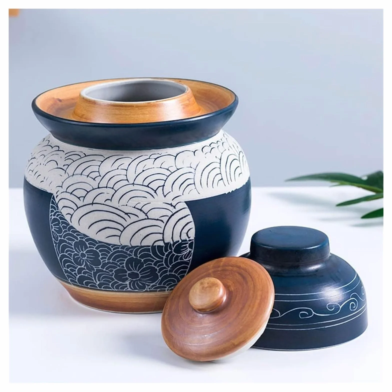 Ceramiczny garnek do marynowania naczyń fermentacyjnych, tradycyjny chiński słoik do fermentacji porcelany z uszczelką wodną pokrywką śluzy kamionkowej ，Słoje fermentacyjne(5KG)