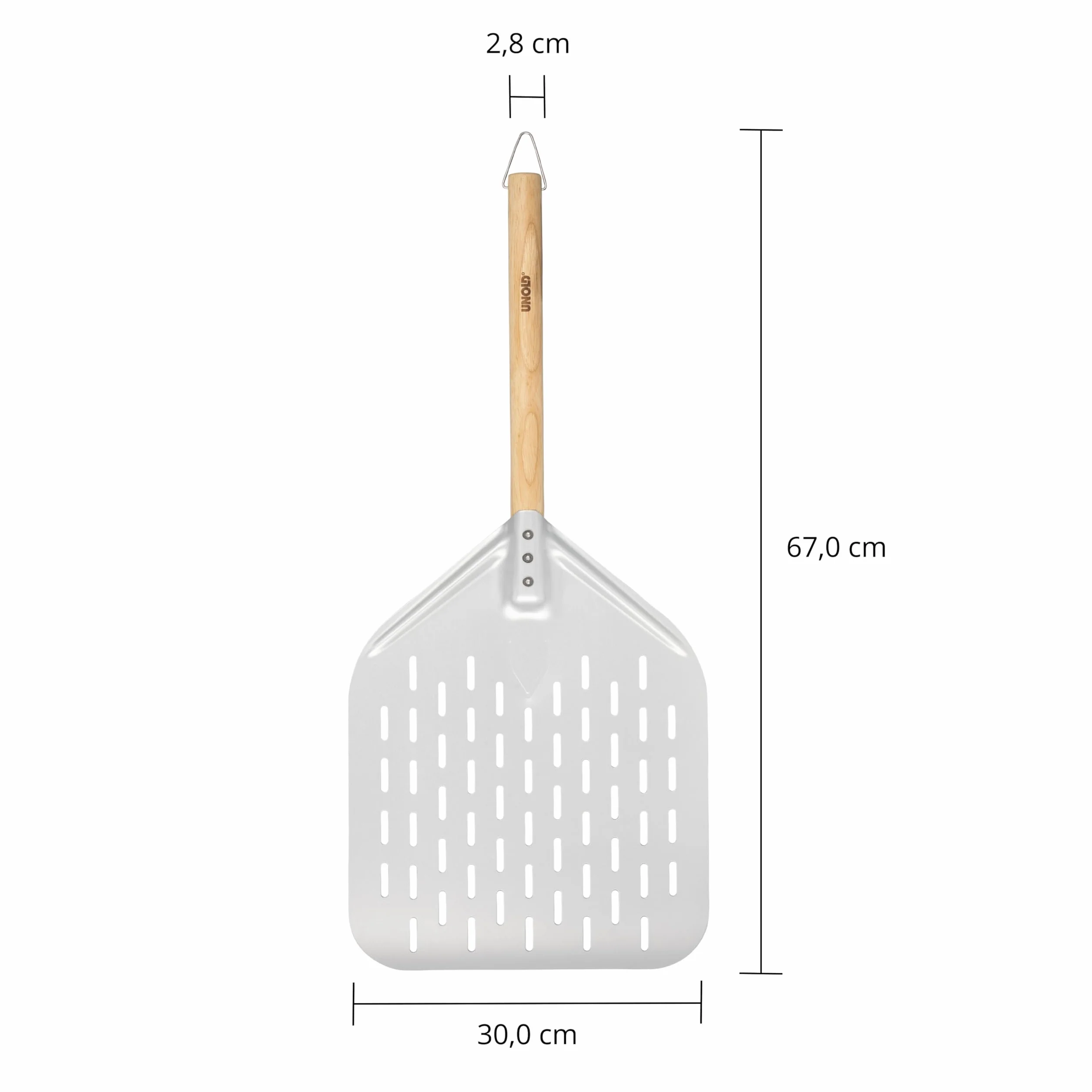 UNOLD Pizza Peel 6881620 | Szpilka do pizzy wykonana z aluminium z drewnianym uchwytem idealna pizza Oven Luigi 68816 | długość uchwytu 35 cm, rozmiar buta 40 x 30 cm