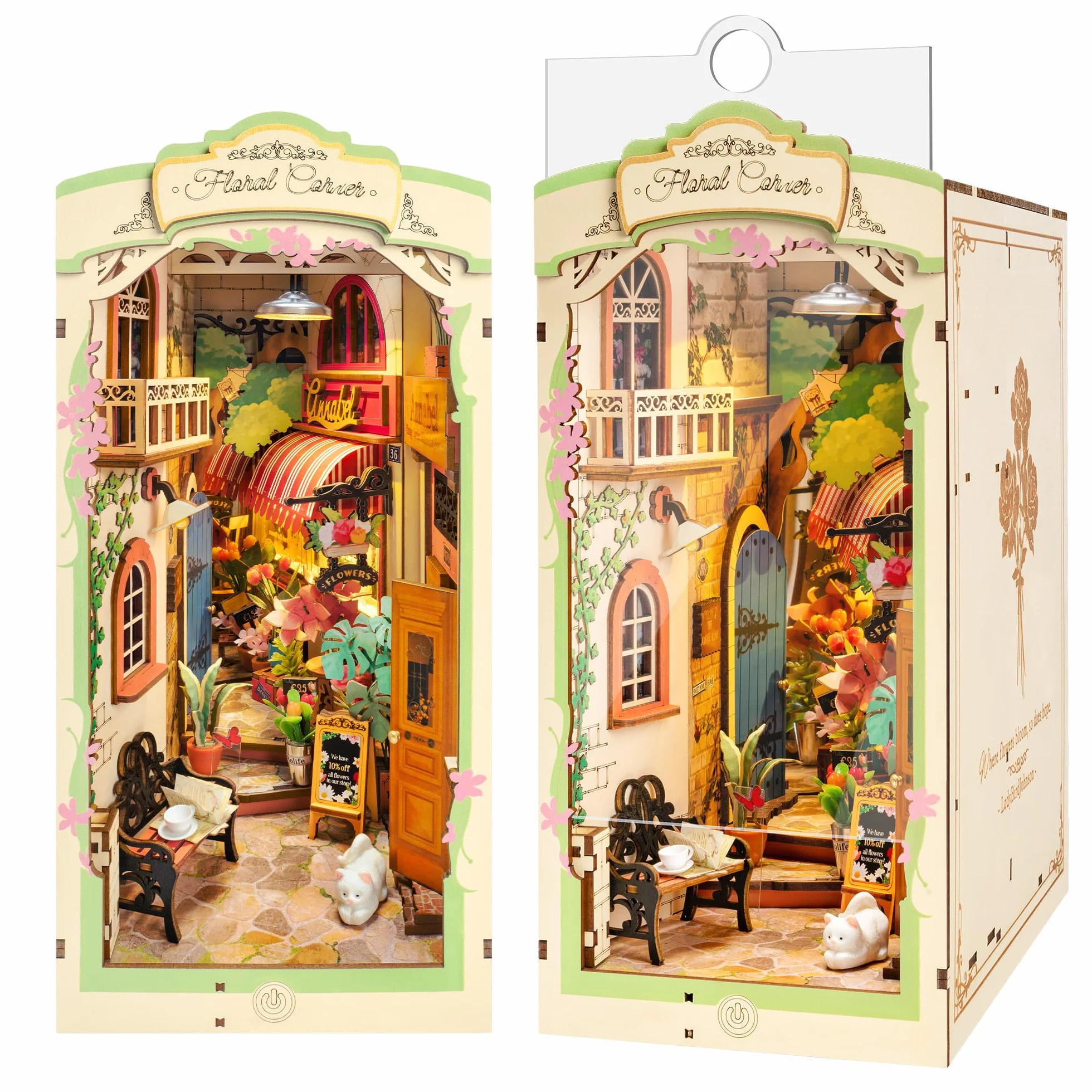 Rolife Zestaw Book Nook Kwiatowy Zakamarek z lampkami LED DIY Miniaturowy Zestaw Domku Drewniane Puzzle 3D dla Dorosłych do Budowania Dekoracja Półki na Książki Prezent na Boże Narodzenie i Urodziny