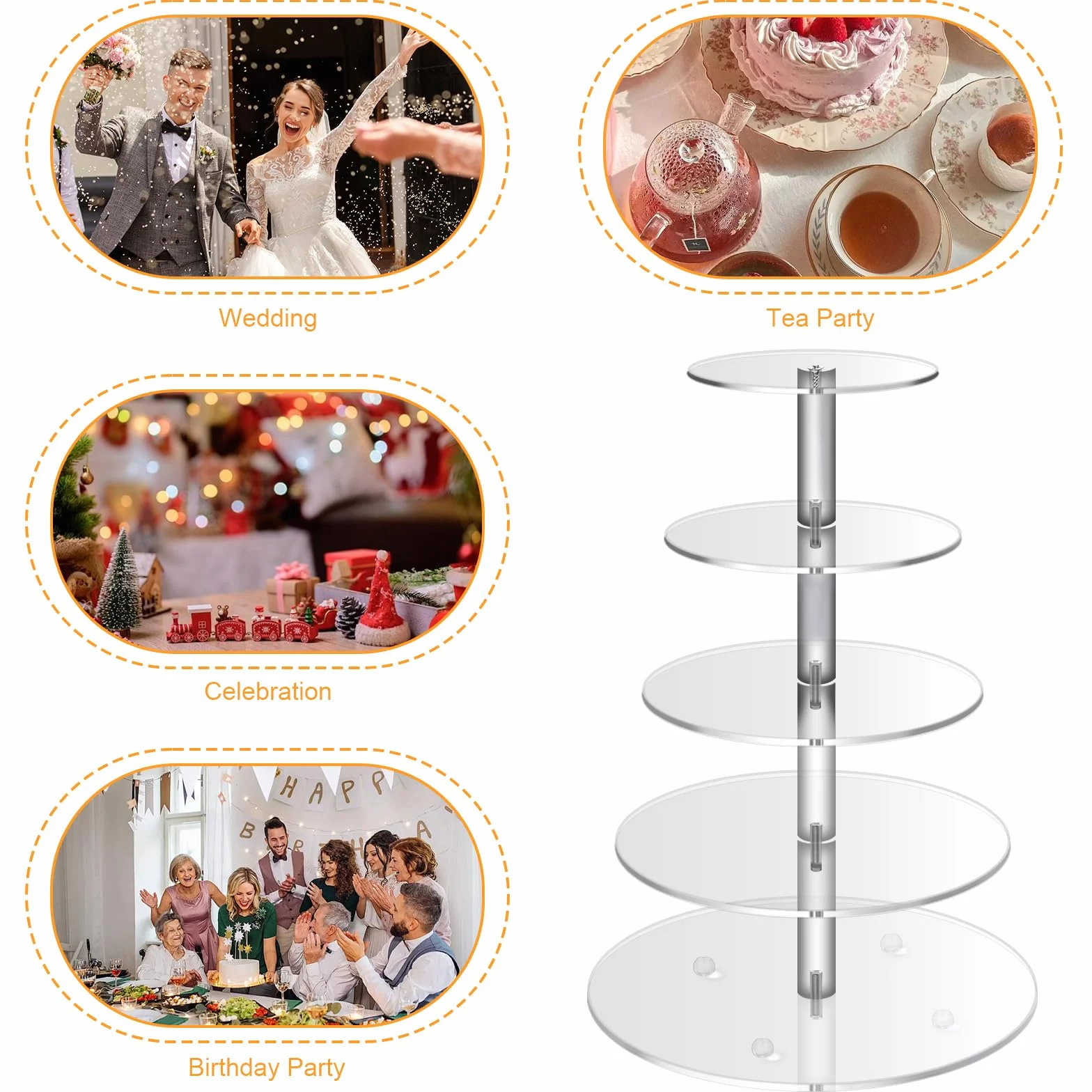 Stojak na babeczki, 5-poziomowy okrągły akrylowy stojak na ciasto, przezroczyste stojaki ekspozycyjne na babeczki wielokrotnego użytku, wieża deserowa na baby shower, wesele, przyjęcie