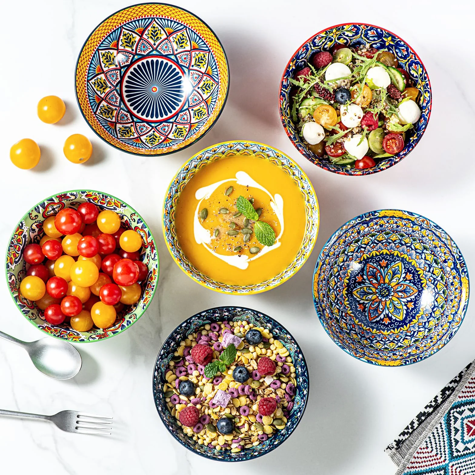 HENXFEN LEAD miseczki deserowe, miska do zupy 750 ml, porcelanowa miska sałatkowa, ceramiczna na lody, ryż, deser itp. Kolorowa, opakowanie 6 sztuk - styl bohemski