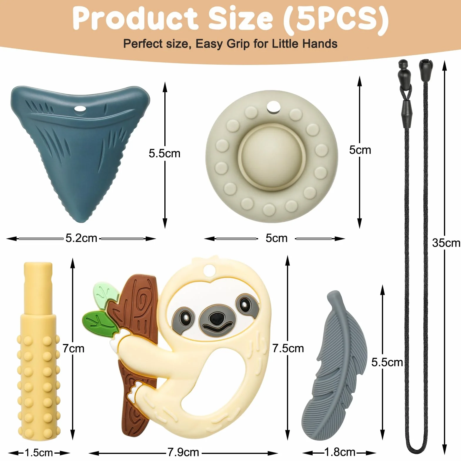 CLDY Łańcuszek do żucia dla dzieci, 5 sztuk, sensoryczny łańcuszek na szyję, charms do żucia, pierścień do gryzienia z silikonu, nie zawiera BPA, zabawka autystyczna