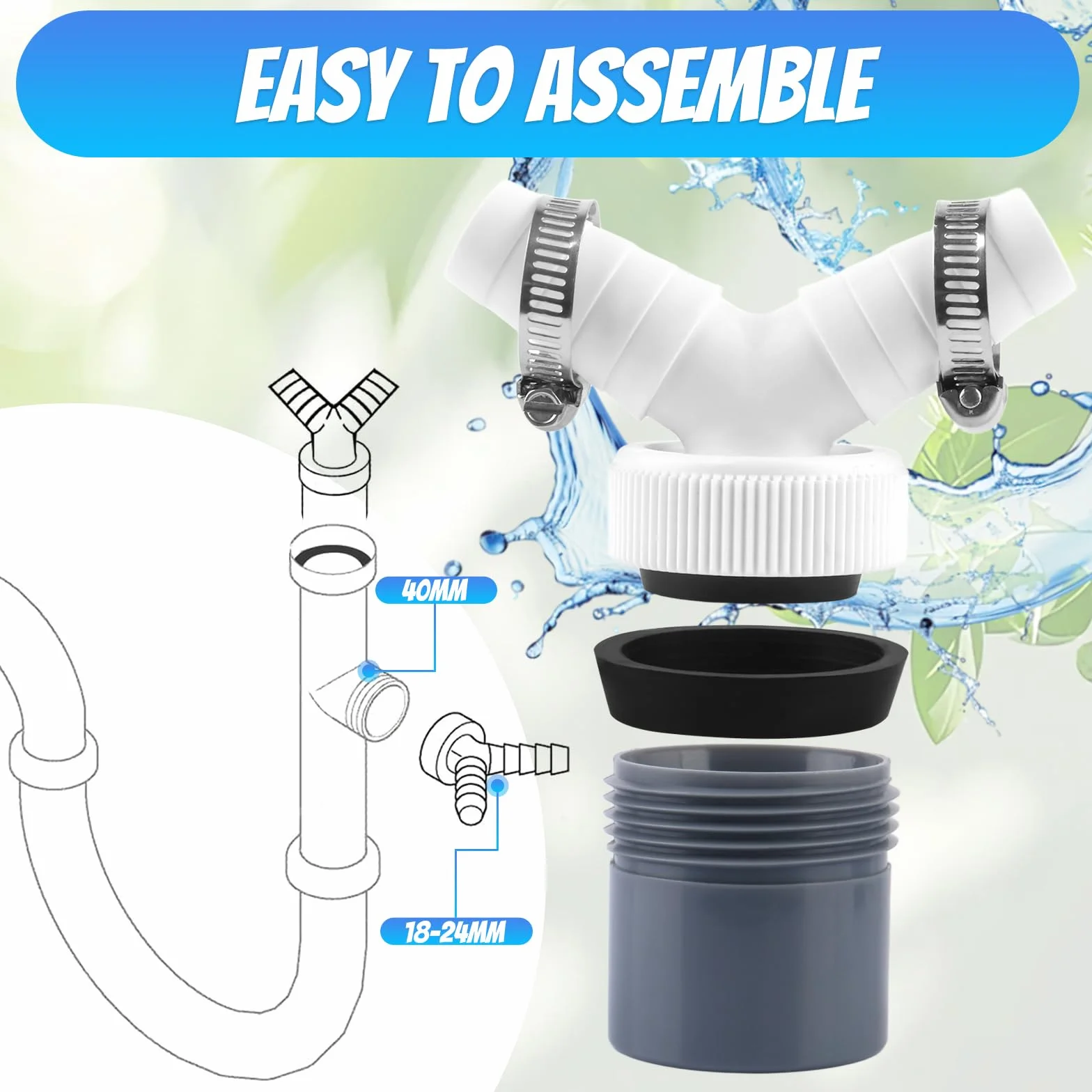 Adapter kanalizacyjny Y z podwójnym złączem, rura wejściowa 18-24 mm, wylot 40 mm