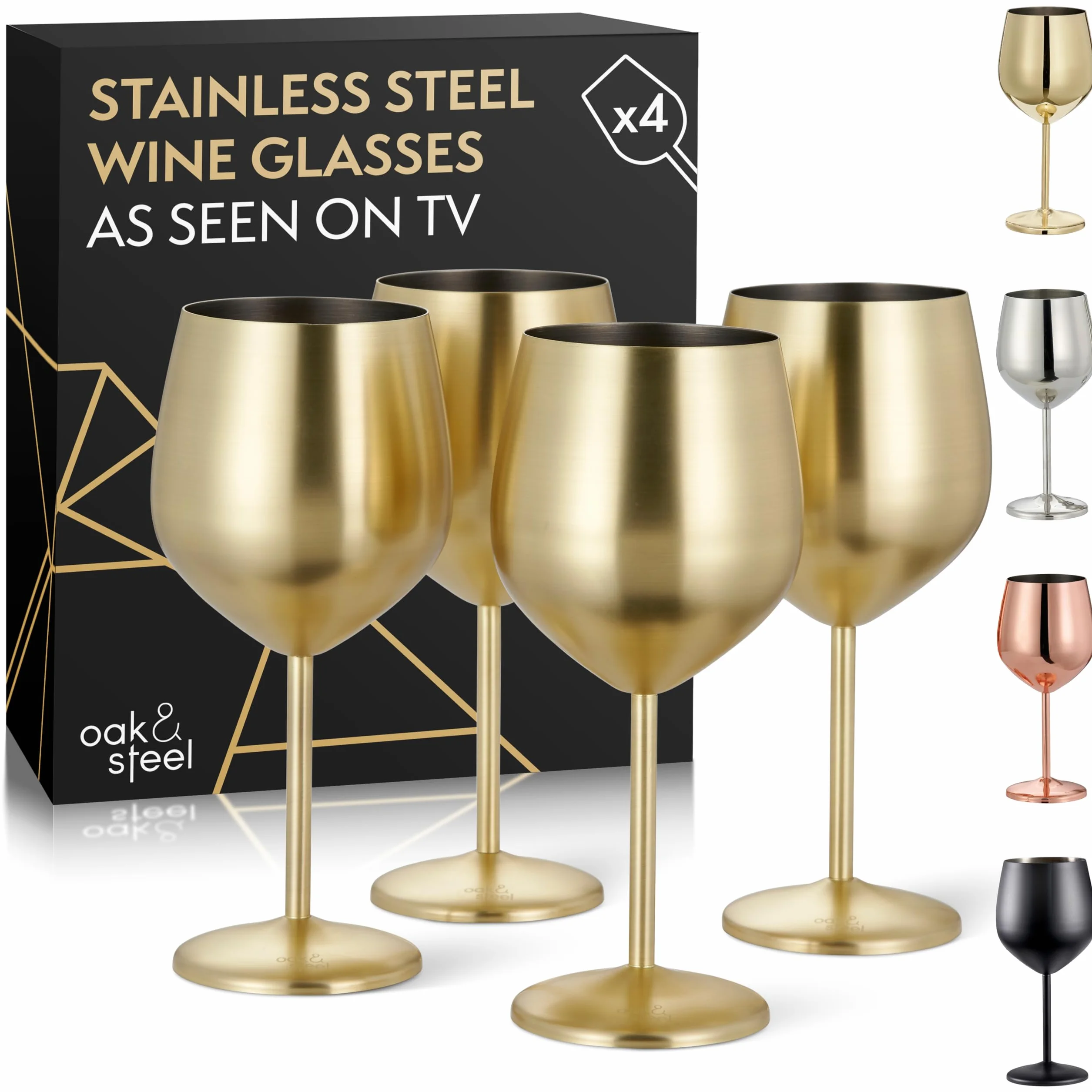Oak & Steel - 4 eleganckie złote kieliszki do wina ze stali nierdzewnej, 540 ml, nietłukący się kieliszek do wina, zestaw upominkowy, do domowego baru, na wesela, rocznicę, przyjęcie urodzinowe