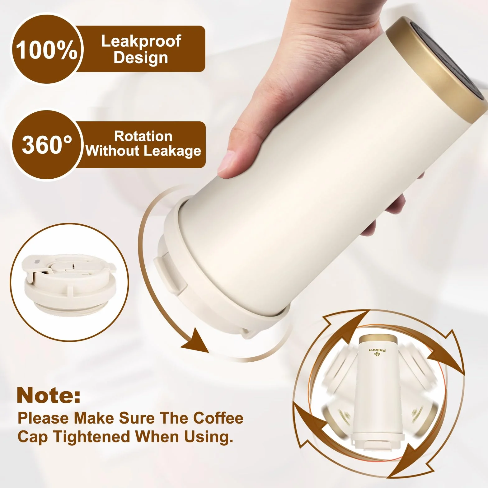 Philorn Kubek Termiczny na Wynos ze Stali Nierdzewnej 316, 500 ml, Ceramiczny Wewnątrz, 100% Szczelności, do Kawy, Biały, Nadaje się do Mycia w Zmywarce