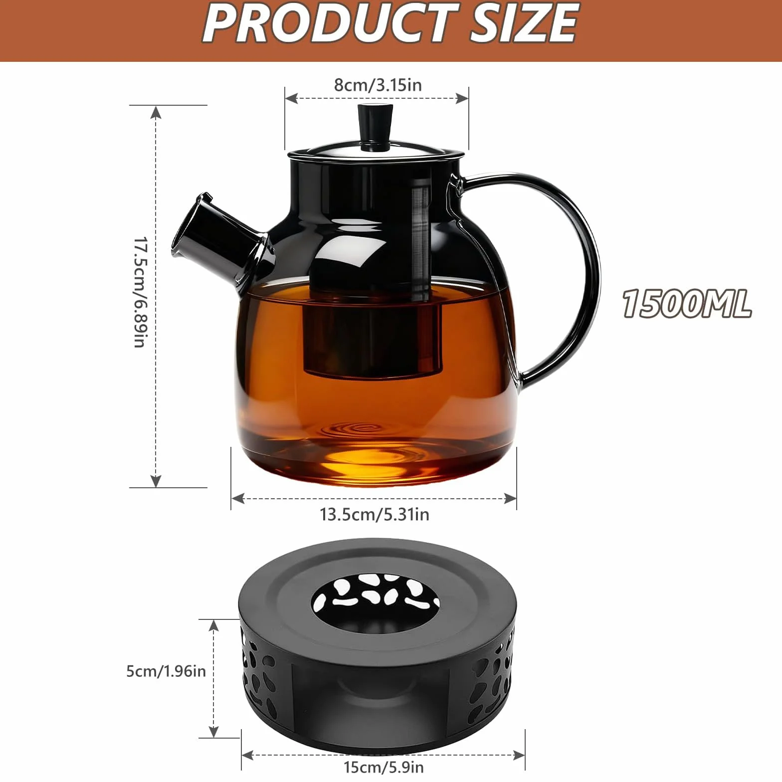 BORDEAG Dzbanek do herbaty z podgrzewaczem, 1500 ml, Szklany dzbanek do herbaty z wkładem sitowym, Dzbanek do herbaty ze szkła