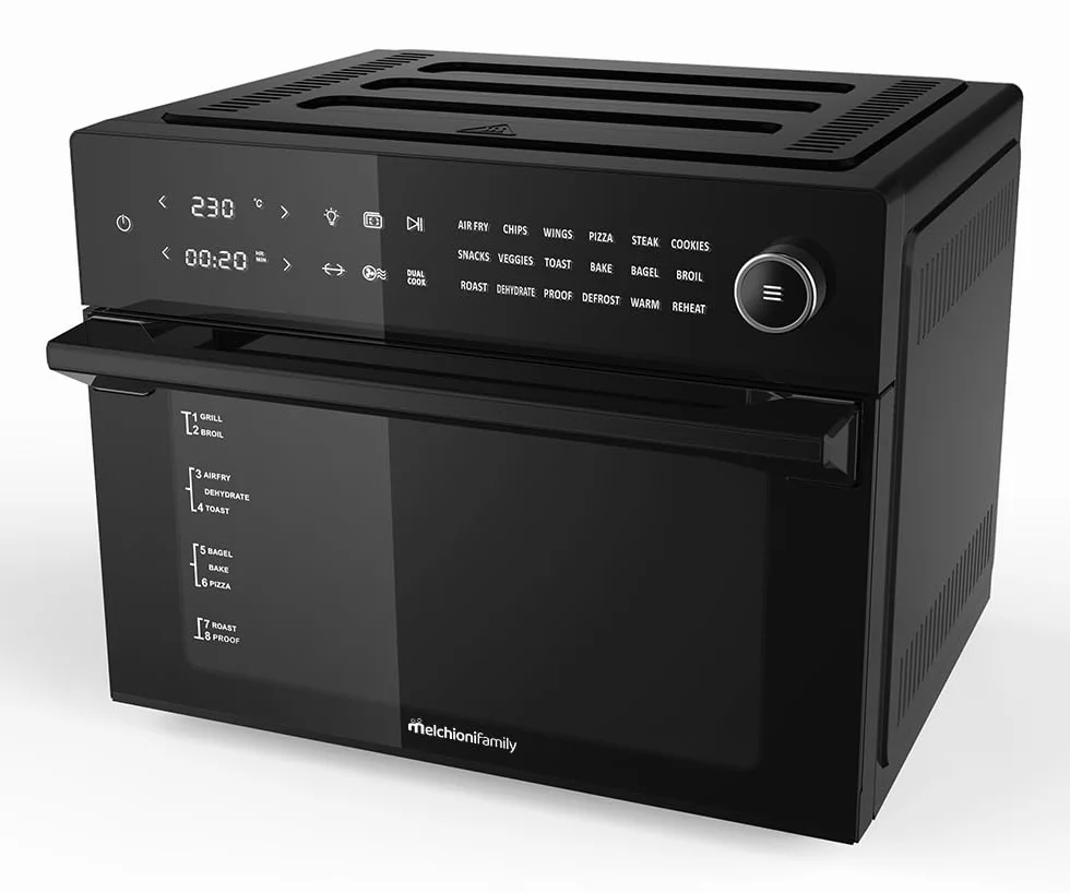 Melchioni Family BENEDETTA frytkownica powietrzna o pojemności 30 litrów, wyświetlacz cyfrowy, funkcja Dual Cook, Air Fryer z 18 programami, 30-230°, 12 h, czarny