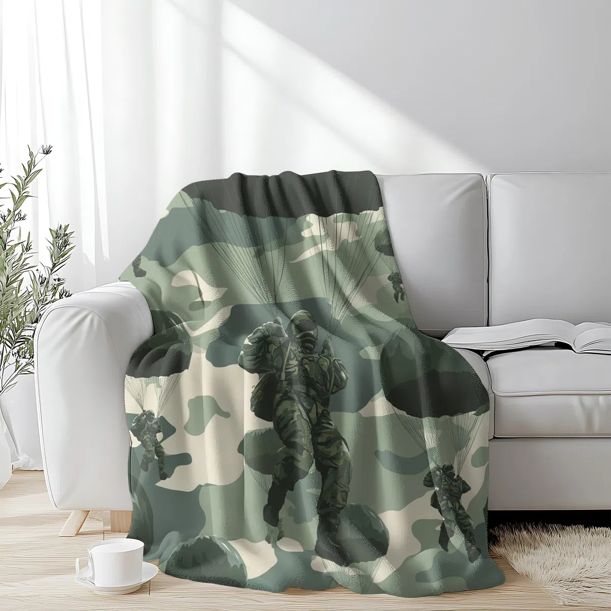 Koc flanelowy z polaru Super King 180 x 220 cm, nie gubi włosia, wojskowy kamuflaż, spadochroniarstwo, przytulny, lekki koc na kanapę, łóżko, dekoracja, miękki, ciepły, wojskowy zielony koc na sofę