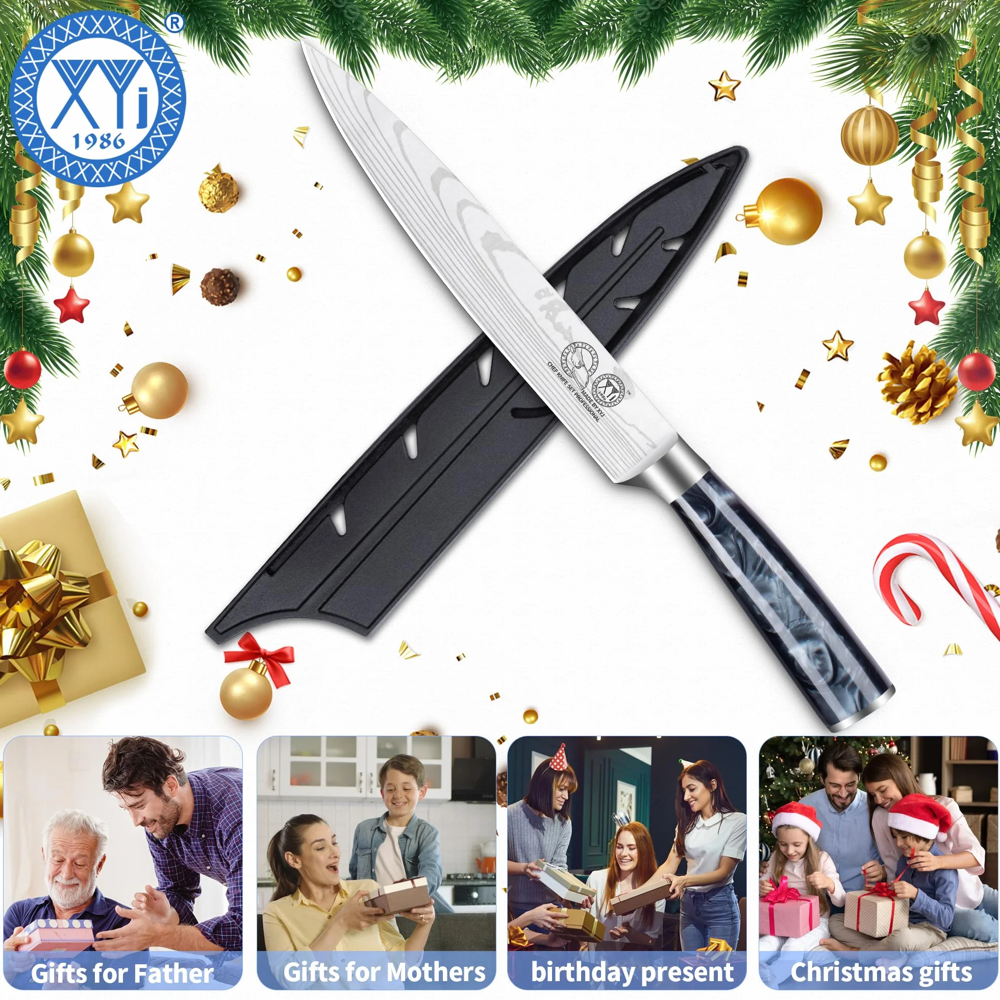 XYJ Professional Kitchen Knife,Stainless Steel 8 Inch Slicing Knife,Laser Damascus Pattern,Resin Handle,Kitchen Knife With Sleeve,Resin Handle,Japanese Chef Knife