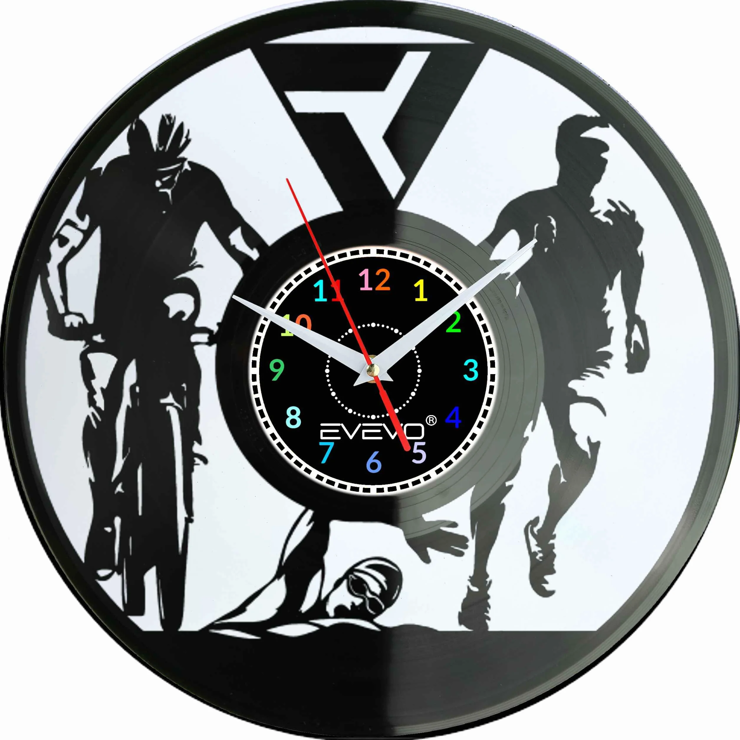 ZEGAR ŚCIENNY IRONMAN TRIATHLON FLUORESCENCYJNE TŁO PŁYTA WINYLOWA PREZENT UPOMINEK URODZINY GIFT SOUVENIR F0052