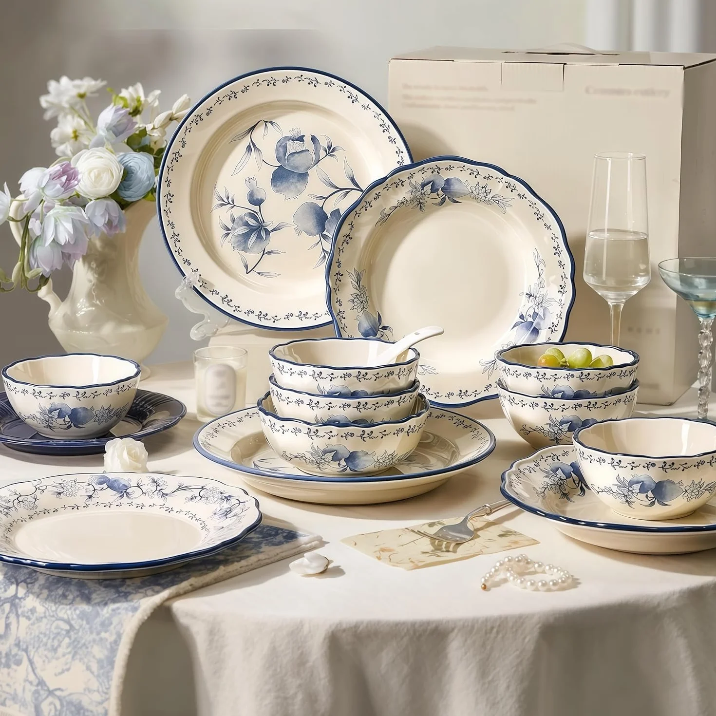 30-częściowy porcelanowy zestaw zastawy stołowej, kamionka i talerze ceramiczne miski garnek do zupy pałeczki, elegancka zastawa stołowa dla 6 osób, domowa jadalnia