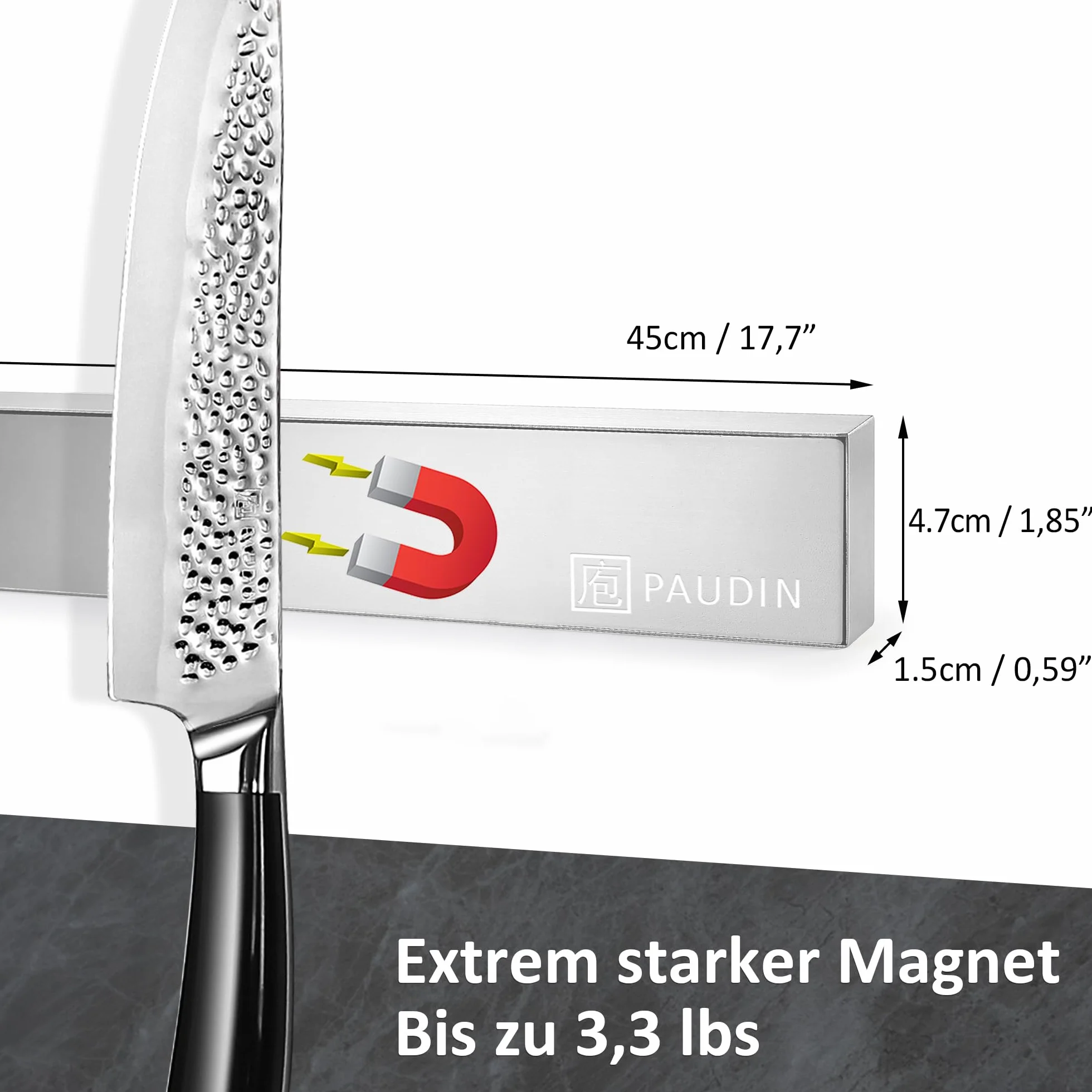 PAUDIN Listwa magnetyczna do noży 45 cm, listwa magnetyczna do noży kuchennych ze stali nierdzewnej z bardzo silnym magnesem jako uchwyt na noże ścienne, samoprzylepna do przyborów kuchennych
