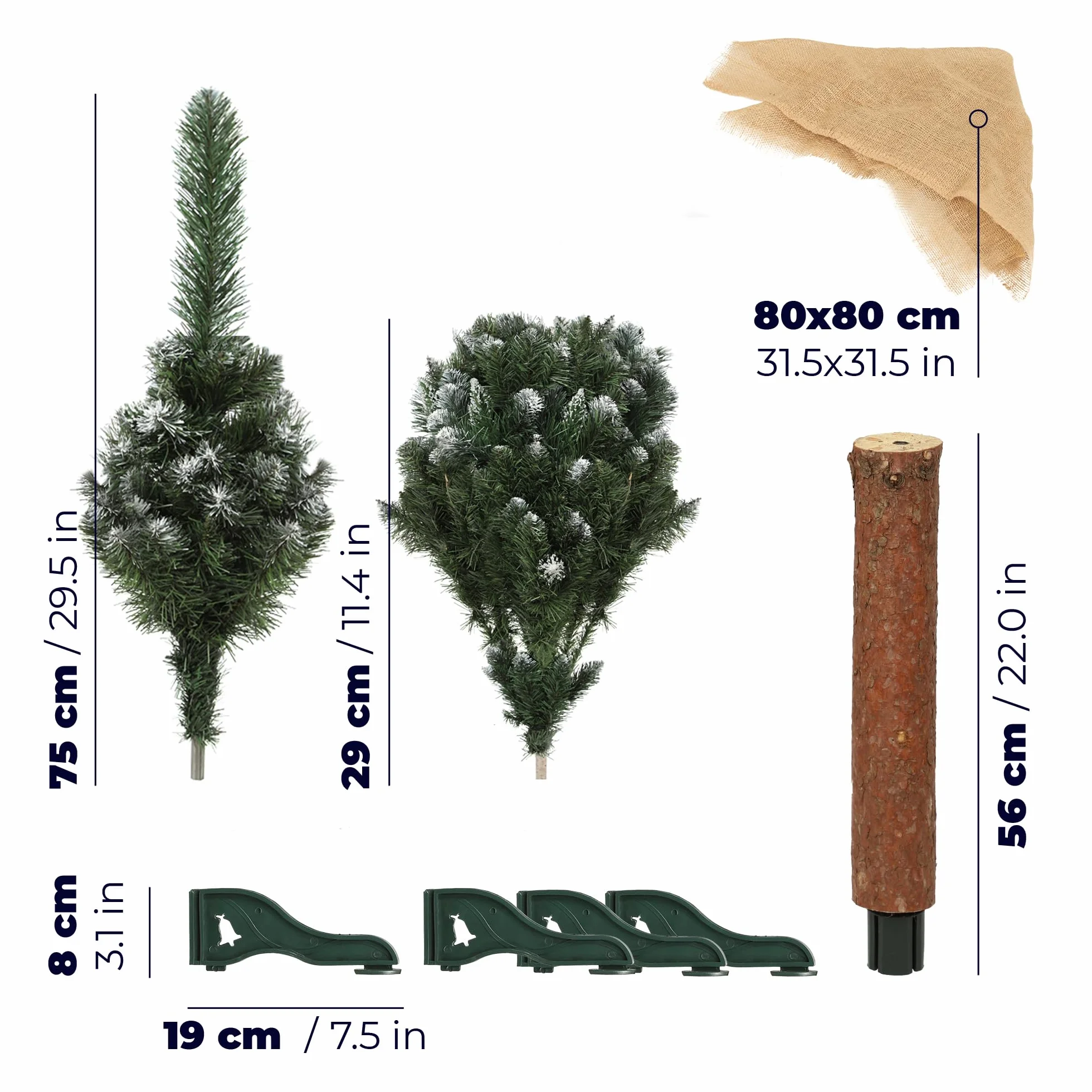KADAX Choinka sztuczna 160 cm, sosna z naturalnym pniem, ośnieżone końcówki, stabilny stojak, do salonu i biura