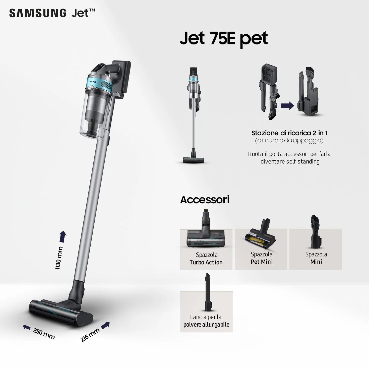 Samsung VS20B75AGR1/WA Jet 75E Pet, moc 200 W, bezprzewodowy odkurzacz, czas pracy do 60 min