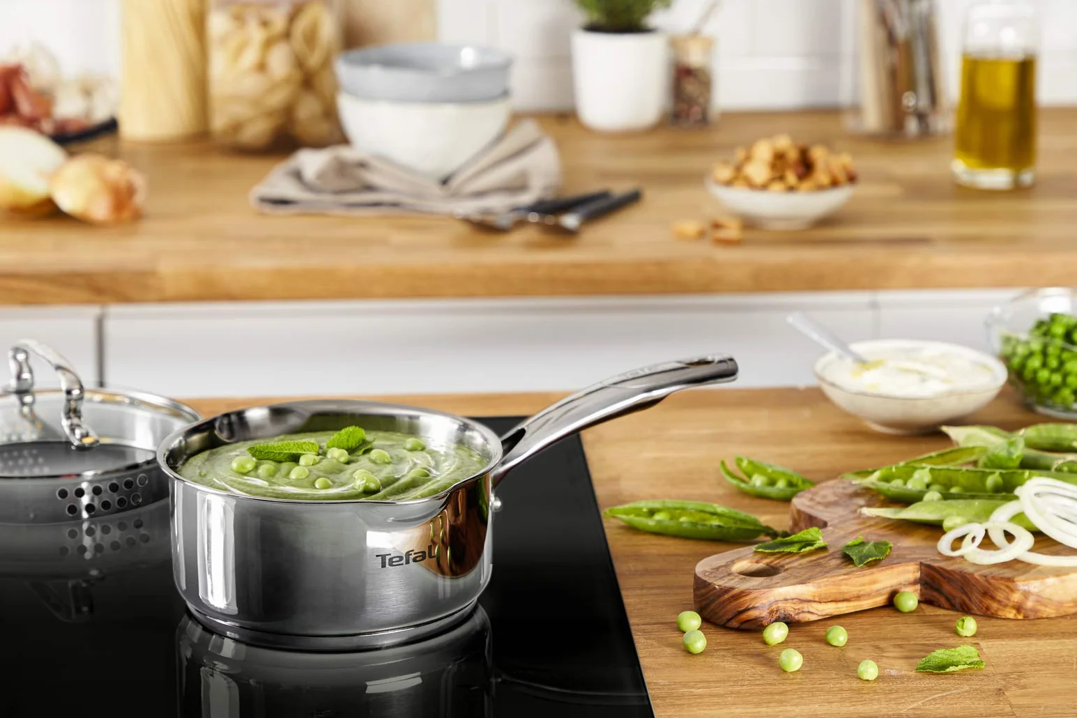 TEFAL Duetto+ G719S734 Zestaw garnków stalowych 7-elementowy: Garnek z pokrywką do odcedzania 5L, 2,9L, 2L, rondel 1,5L, Pokrywki z otworami do odcedzania