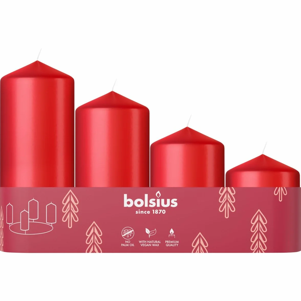 Bolsius Zestaw 4 świeczek z gładkimi filarami, sezon adwentowy, różne rozmiary, świeczki dekoracyjne, długi czas palenia, bez zapachów, z naturalnym woskiem roślinnym, bez oleju palmowego
