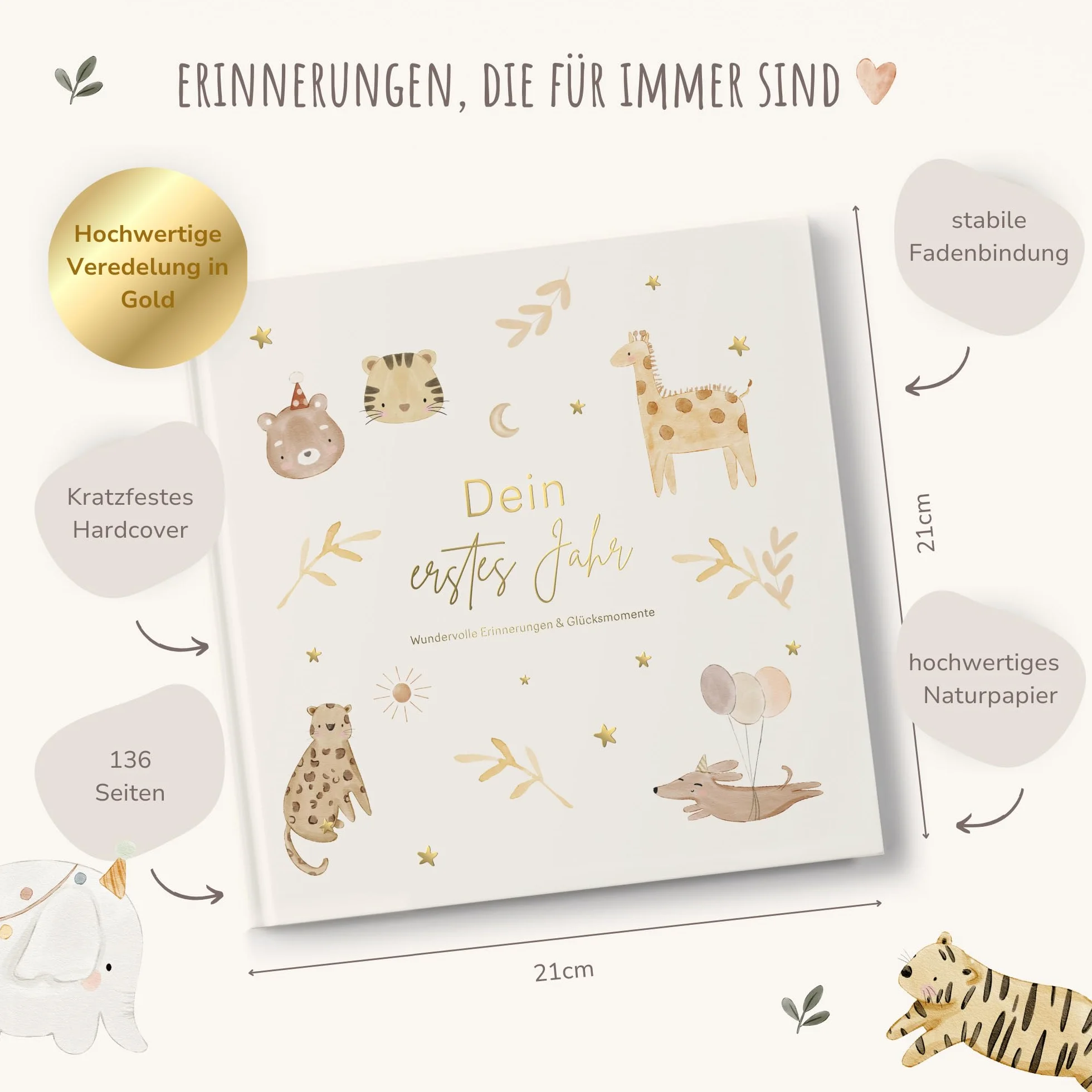 MeinBaby123 Album dla niemowląt Wysokiej jakości pozłacany 136 stronami z wypełnieniem na pierwszy rok, prezent na narodziny, prezent dla niemowląt, pamiętnik dla niemowląt do wypełnienia na kamienie