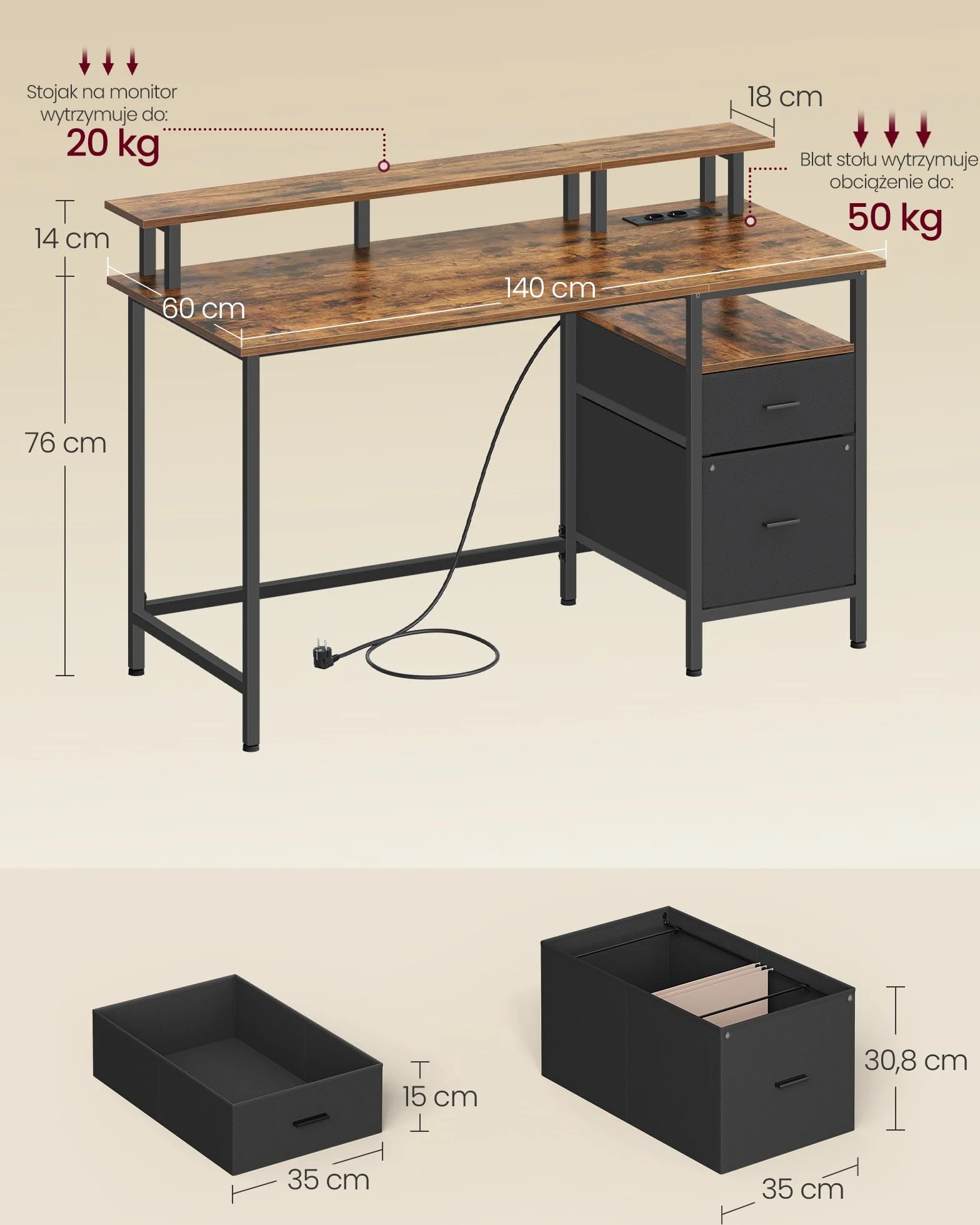 VASAGLE Biurko do gier, z szufladami z tkaniny, stolik komputerowy ze stojakiem na ekran, listwa zasilająca, 2 porty USB, do domowego biura, 140 x 60 cm, rustykalny brąz LWD094K02V1