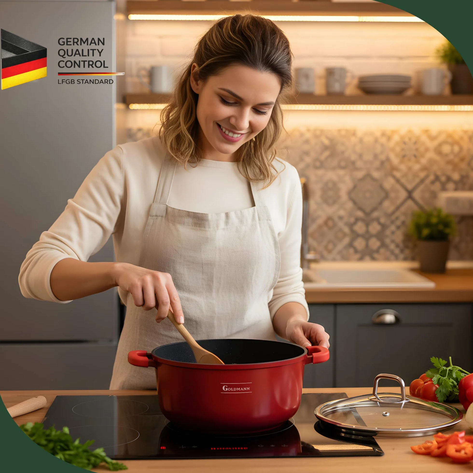 Goldmann Garnek do Gotowania z Odlewanego Aluminium, Ceramiczna Marmurkowa Powłoka Nieprzywierająca, Pokrywka Szklana, Indukcja, Bez PFOA (Czerwony, 24 CM)