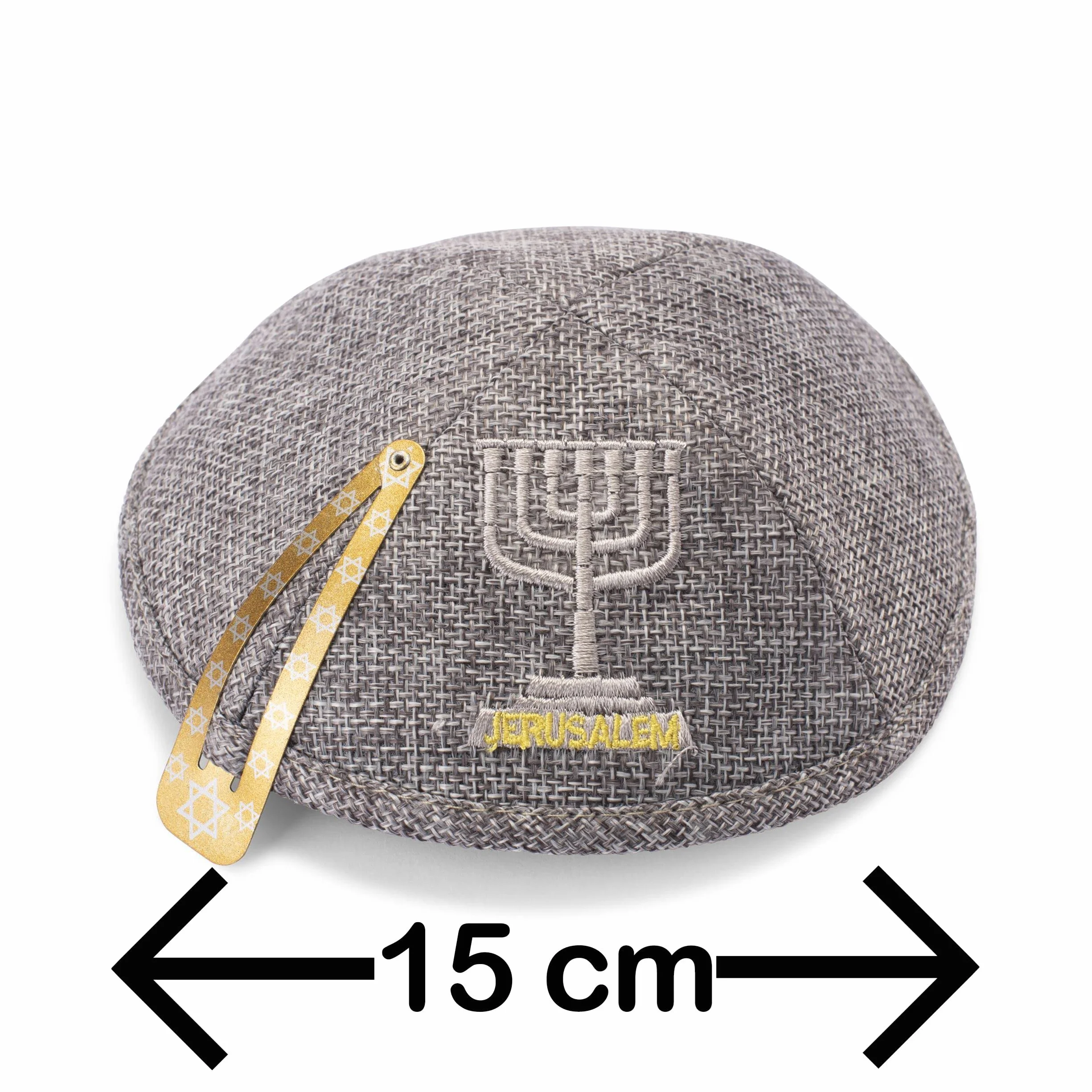 Ciemnoszary lniany kippah haftowany Jerozolima Menorah Yarmulke Judaika 15 cm