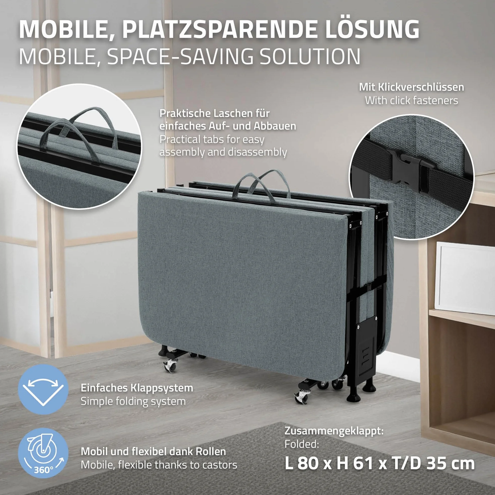 ECD Germany lózko turystyczne 80x190 cm skladane pojedyncze z materacem i poduszka mobilne na 8 kólkach stalowa konstrukcja o duzej stabilnosci do 200 kg metalowa rama doskonale dla dzieci i doroslych