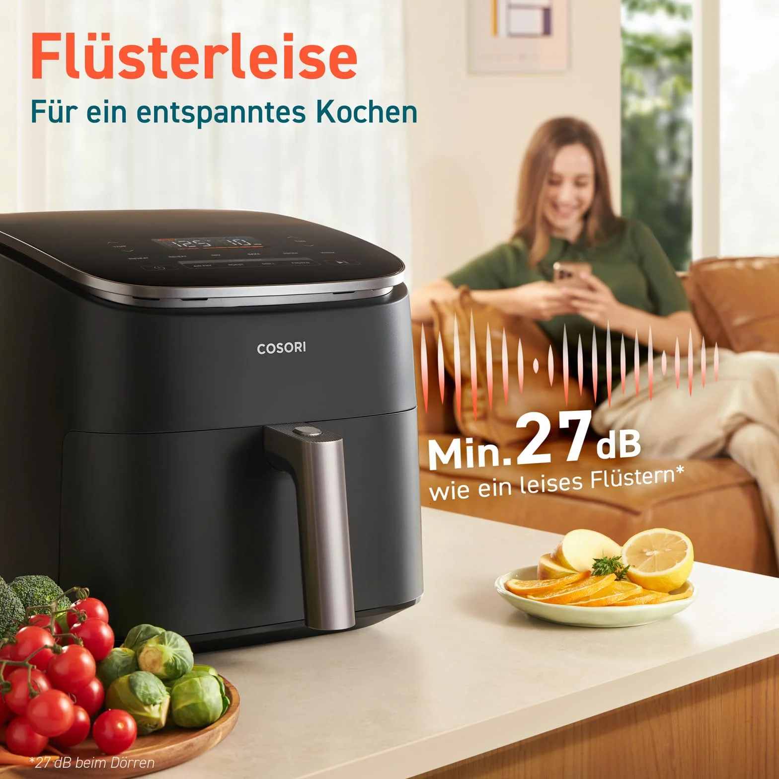 COSORI Frytkownica beztłuszczowa 9-w-1, Air Fryer XXL 6 l. Cichy silnik DC (5 prędkości), grill, pieczenie, fermentacja, suszenie, rozmrażanie, 87 przepisów, do 64% oszczędności energii