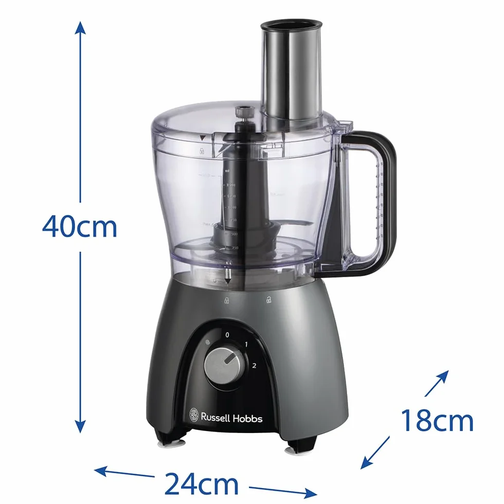 Russell Hobbs Robot kuchenny [Blender/Rozdrabniacz/Młynek/Krajalnica do warzyw] Mikser elektryczny (Do wyrabiania, krojenia, siekania i szatkowania, Moc szczytowa 900W) Matte Charcoal 27111-56