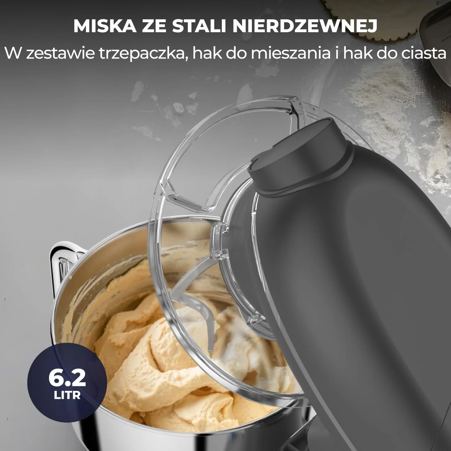 Młynek do ciasta z maszynką do makaronu – 2000W – mieszarka z maszynką do makaronu elektryczna – pasta maker - 6,2L stalowa misa do mieszania (szary)