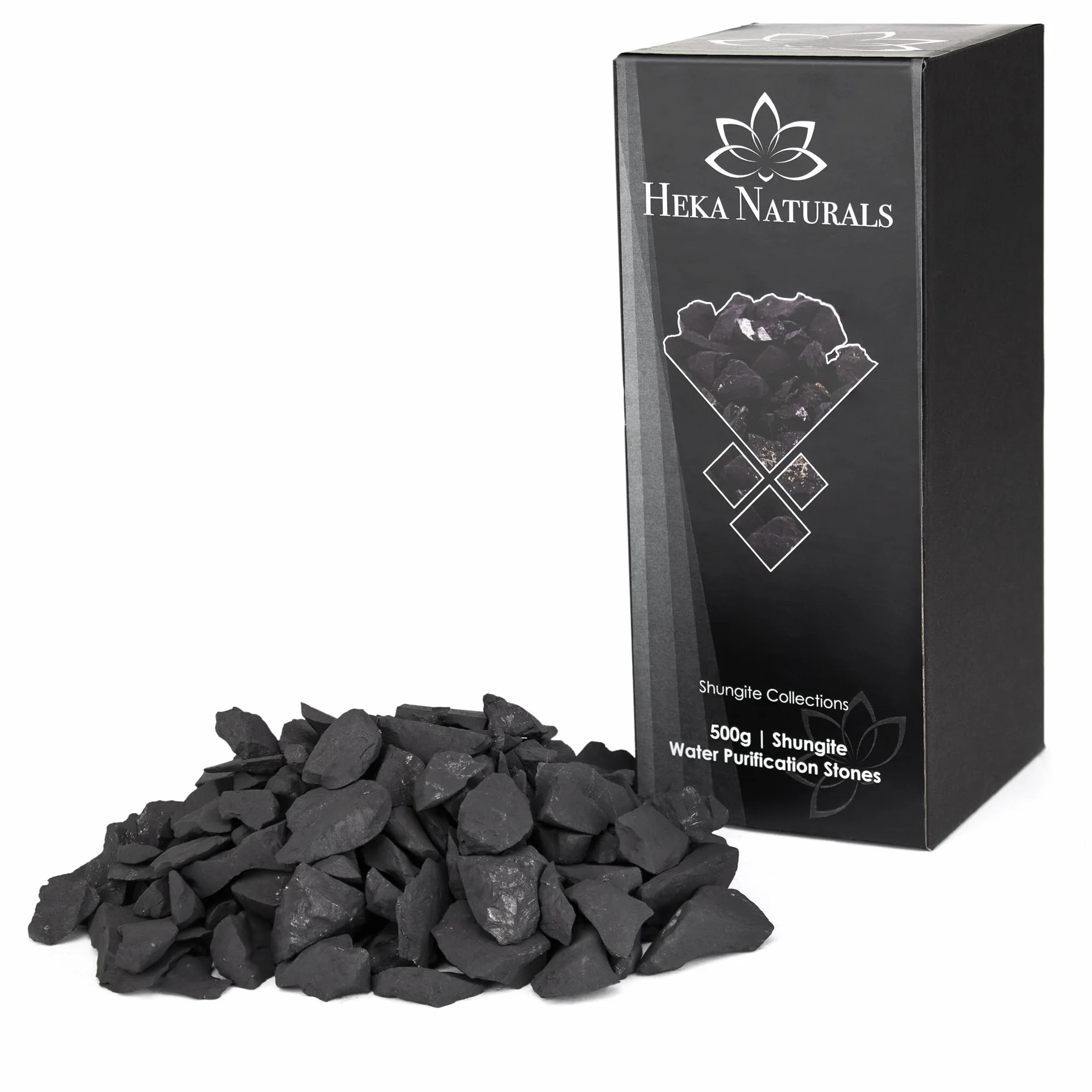 Heka Naturals Shungite Water Chips | Kryształy filtrujące wodę do wody pitnej, idealne do oczyszczania wody, kryształy lecznicze, dekoracja domu, idealne do stosowania jako filtr wody w sprzęcie kempingowym (0.5)