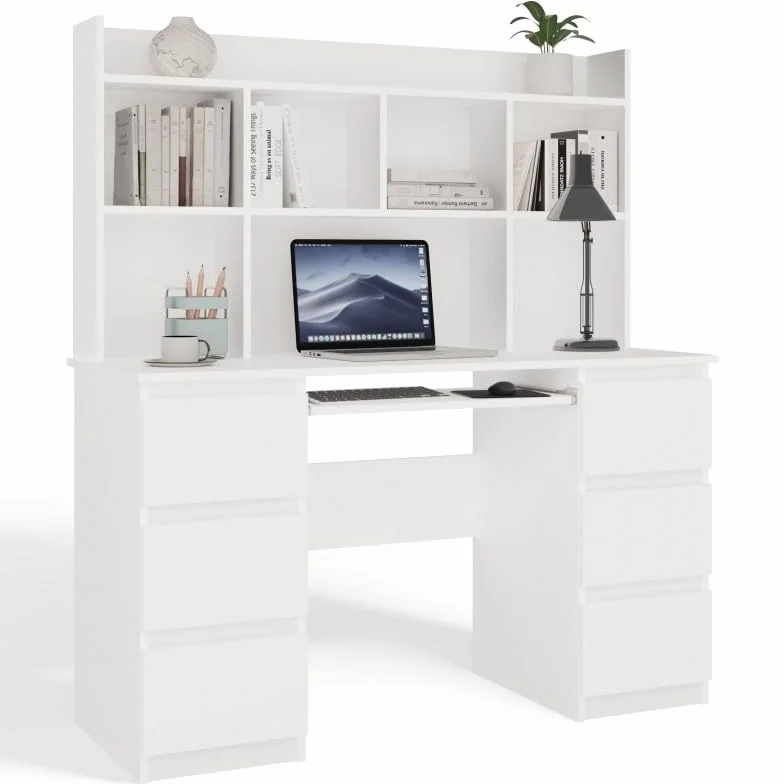 CDF Biurko z Nadstawką Kuba Duży Zestaw do Nauki i Pracy z Półkami i 6 Szufladami Ergonomiczne Stanowisko Komputerowe dla Ucznia i Studenta Regał 130 cm Meble Biurowe - Biały
