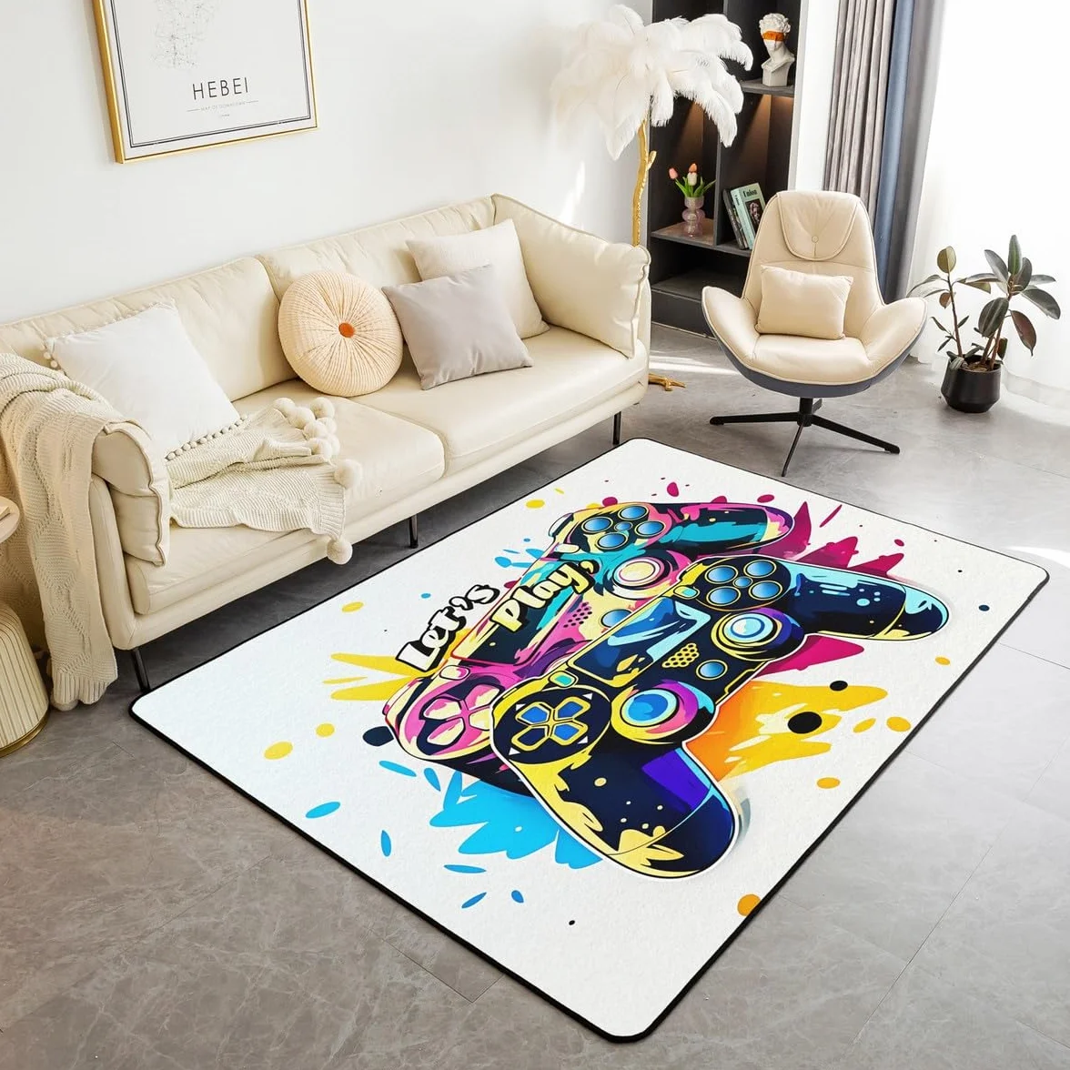 Loussiesd Dywan do salonu dla graczy, 100 x 150 cm, gamingowy dywan akcentujący dla chłopców, dziewcząt, nastolatków, nowoczesny kontroler konsoli do gier, mata podłogowa, joystick, surowa biel,