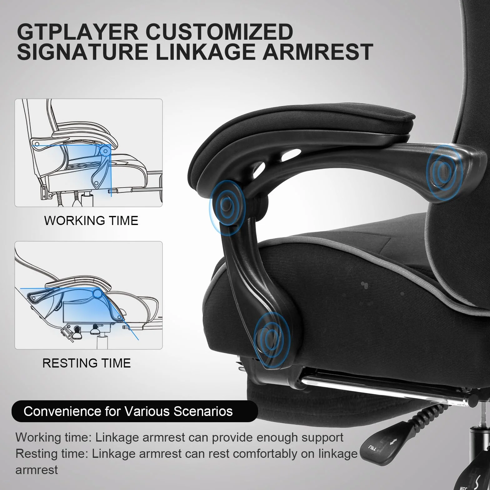 GTPLAYER Fotel gamingowy, ergonomiczny fotel komputerowy z podnóżkiem i podparciem lędźwiowym, regulacja wysokości, z siedziskiem obrotowym o 360° i zagłówkiem, do biura
