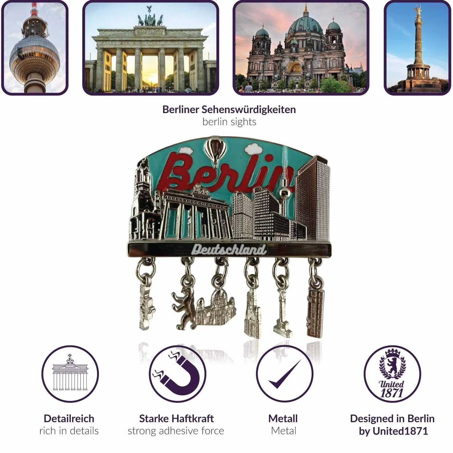 Magnet metalowy BERLIN | typowe pamiątka z miasta stołecznego | magnes do lodówki | Zaprojektowano w Niemczech