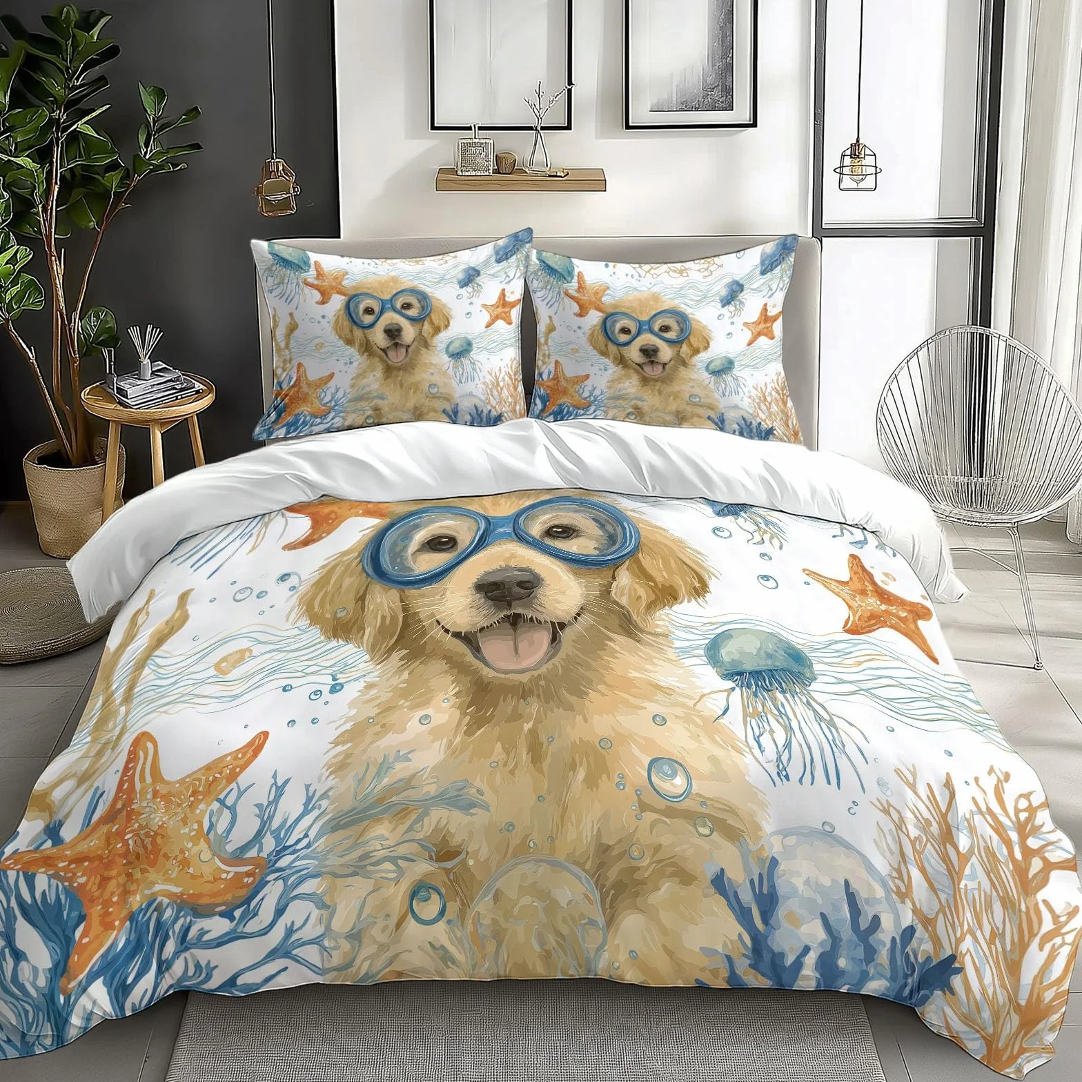 Poszewka na kołdrę abstrakcyjna ocean Golden Retriever, 260 x 220 cm, biała, 3-częściowa, z mikrofibry, wysokiej jakości, dla alergików, pościel dwustronna, z 2 poszewkami na poduszkę 80 x 80 cm