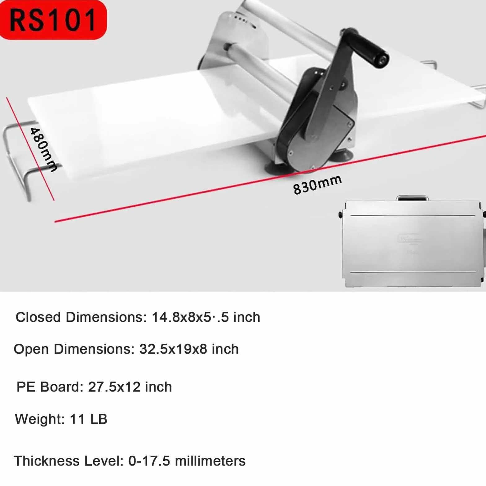 wałek do ciasta， Składana ręczna wałkarka do ciasta, stal nierdzewna, blat roboczy, płyty 12"/15,5", regulowana grubość(Rs101)