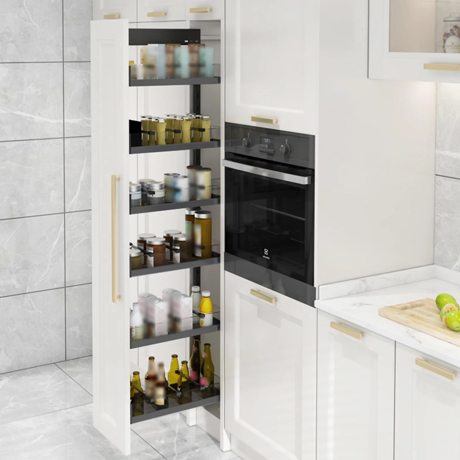 Wzmocniony, wysuwany organizer z szufladami szafki z cichymi szynami tłumiącymi do wąskich, wysokich szczelin w kuchni w spiżarni(210x485x4tier)