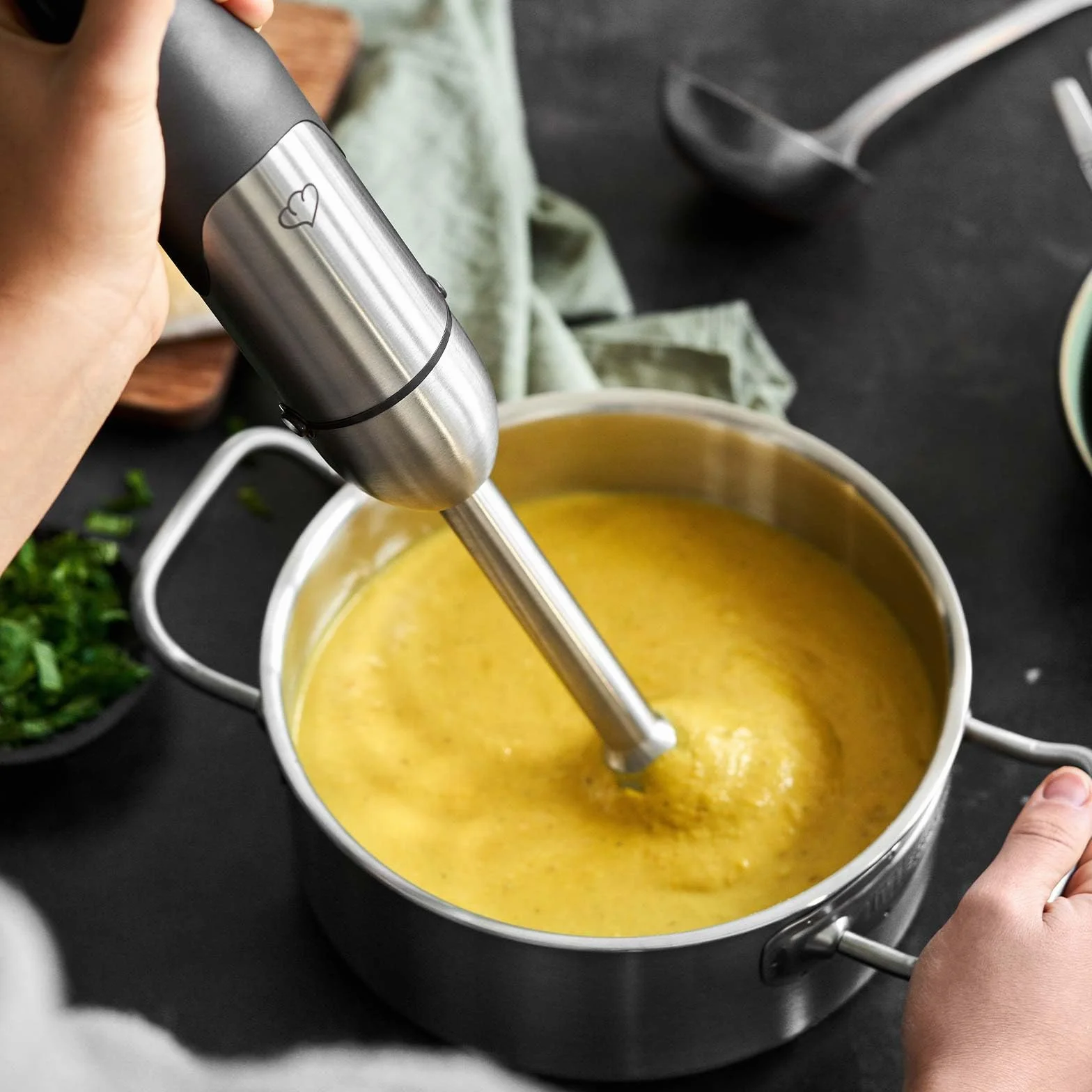 SPRINGLANE Zestaw blendera ręcznego ze stali nierdzewnej Sam 800 W, blender immersyjny z blenderem, pojemnik z pokrywką, rozdrabniacz, trzepaczka, hak do mieszania i ugniatania, torba do