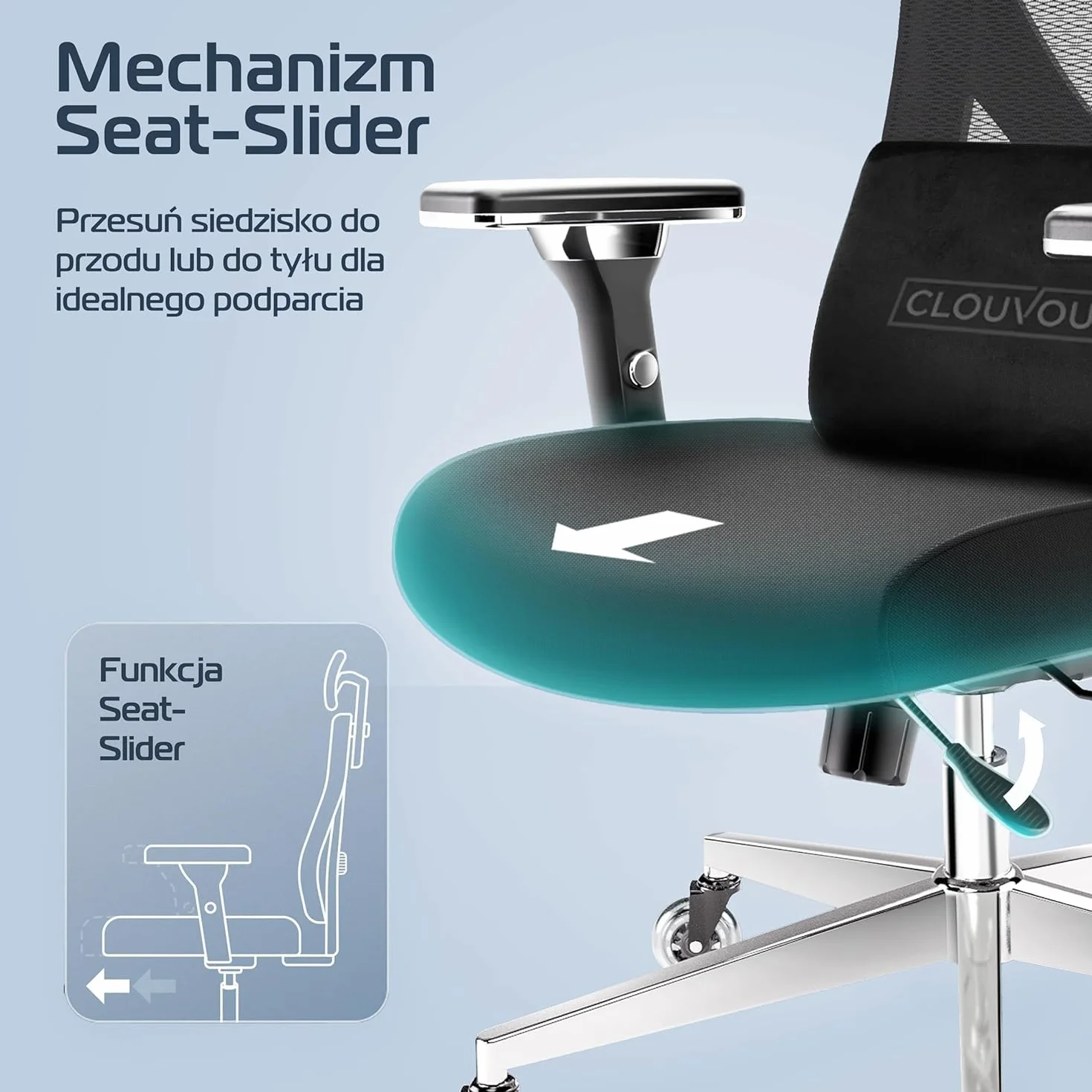 CLOUVOU CleverSeat Ergonomiczne krzesło biurowe [NR 1 W RANKINGU] Regulowane krzesła biurowe - fotele ergonomiczne | Siatkowy fotel biurowy z podparciem | Fotel ergonomiczny do gier do 150 kg