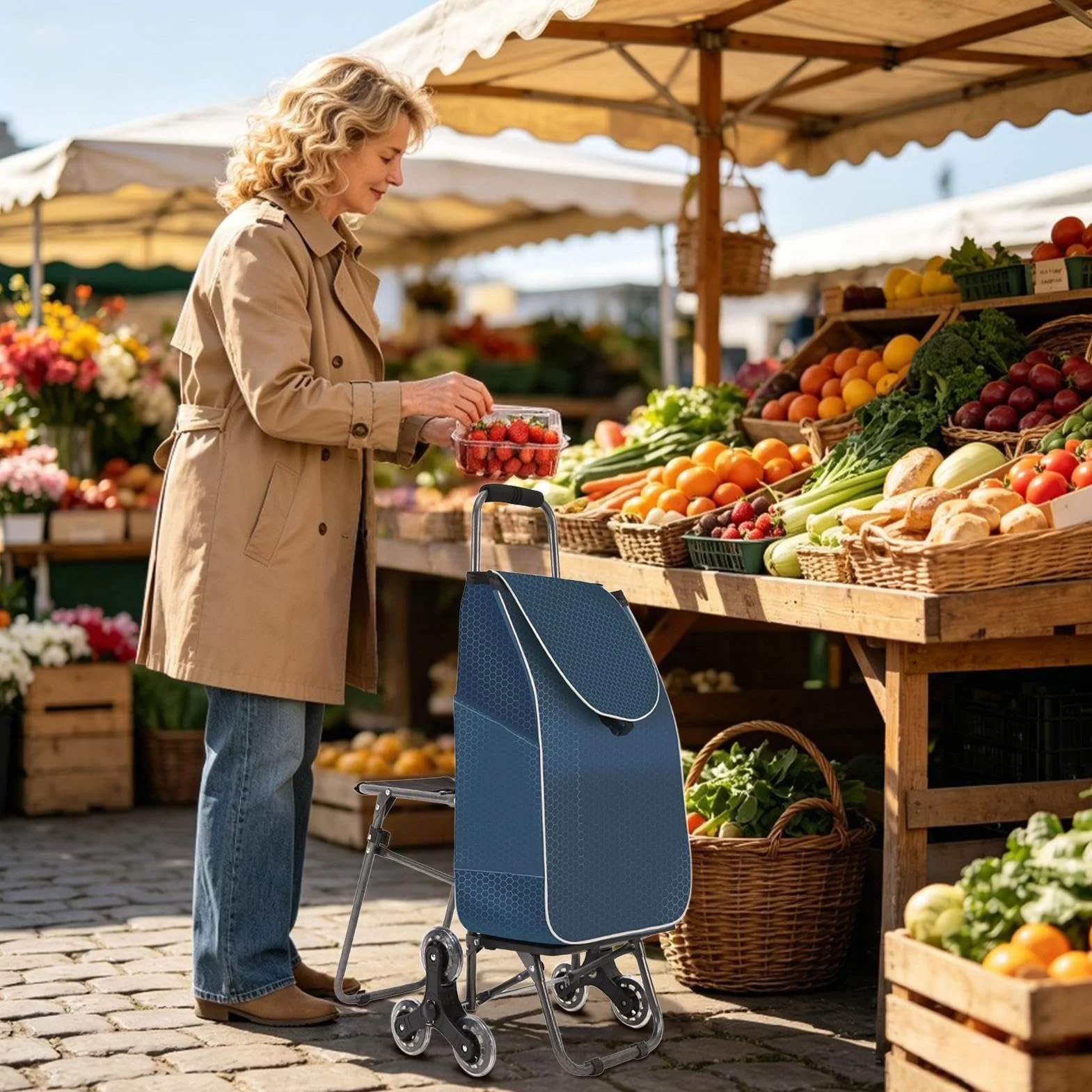 Wózek Do Transportu Po Schodach 3-Kołowy Składany Wodoodporny Przenośny | Toczący Wózek Na Zakupy Dla Seniorów Schody Mieszkanie Supermarket I Rynek Pralnia Dom