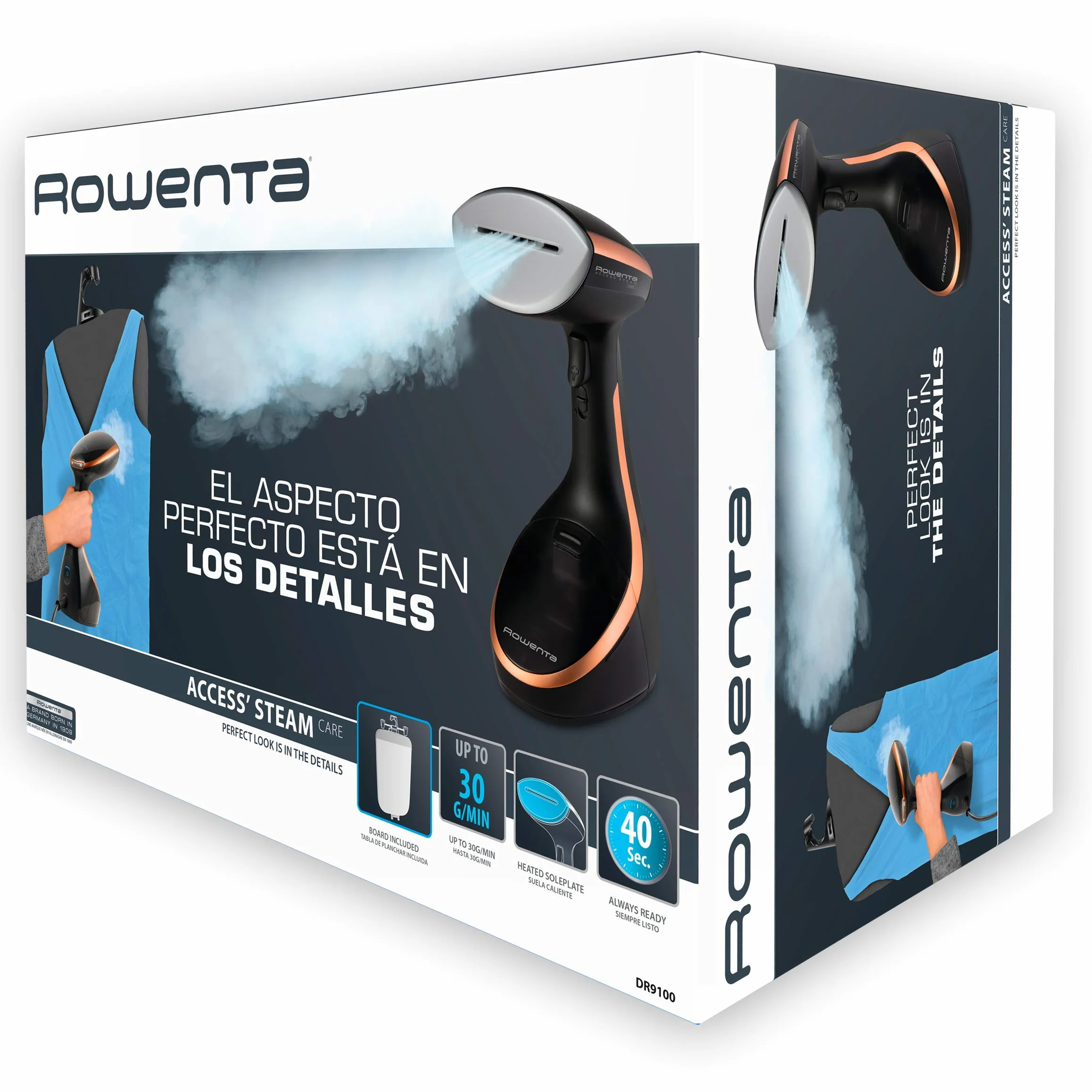 Rowenta DR9100D1 Access Steam Care szczotka parowa, 1600 W, zbiornik 200 ml, usuwa zmarszczki, zapachy i dezynfekcję, ogrzewanie 40 sekund, akcesoria do cienkiej i grubej odzieży, pionowa deska