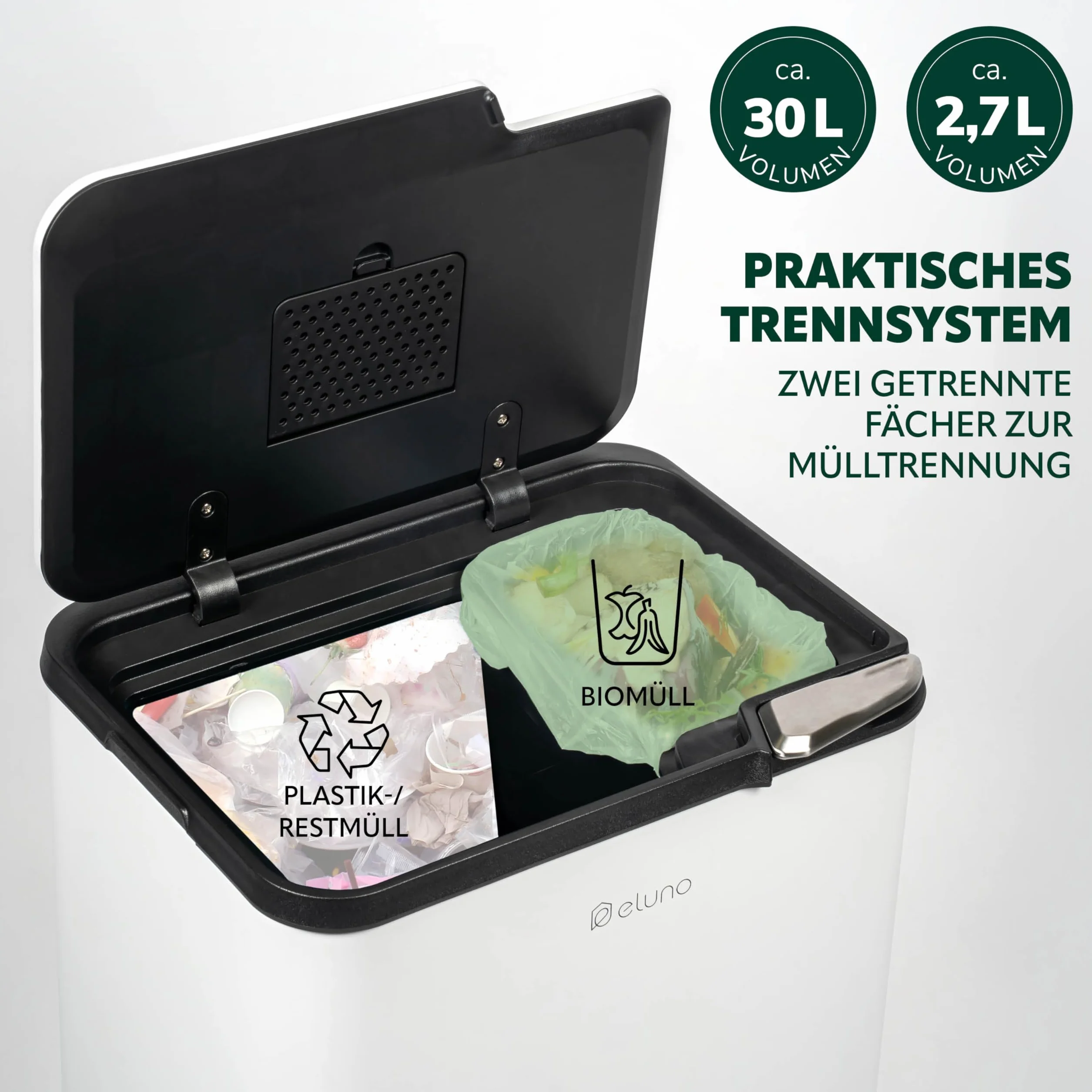 eluno Kosz na śmieci o pojemności 30 litrów i pokrywką, w zestawie wbudowany pojemnik na odpady 3 litry, wyjmowany kosz wewnętrzny z tworzywa sztucznego, system segregacji śmieci, z metalu (biały)