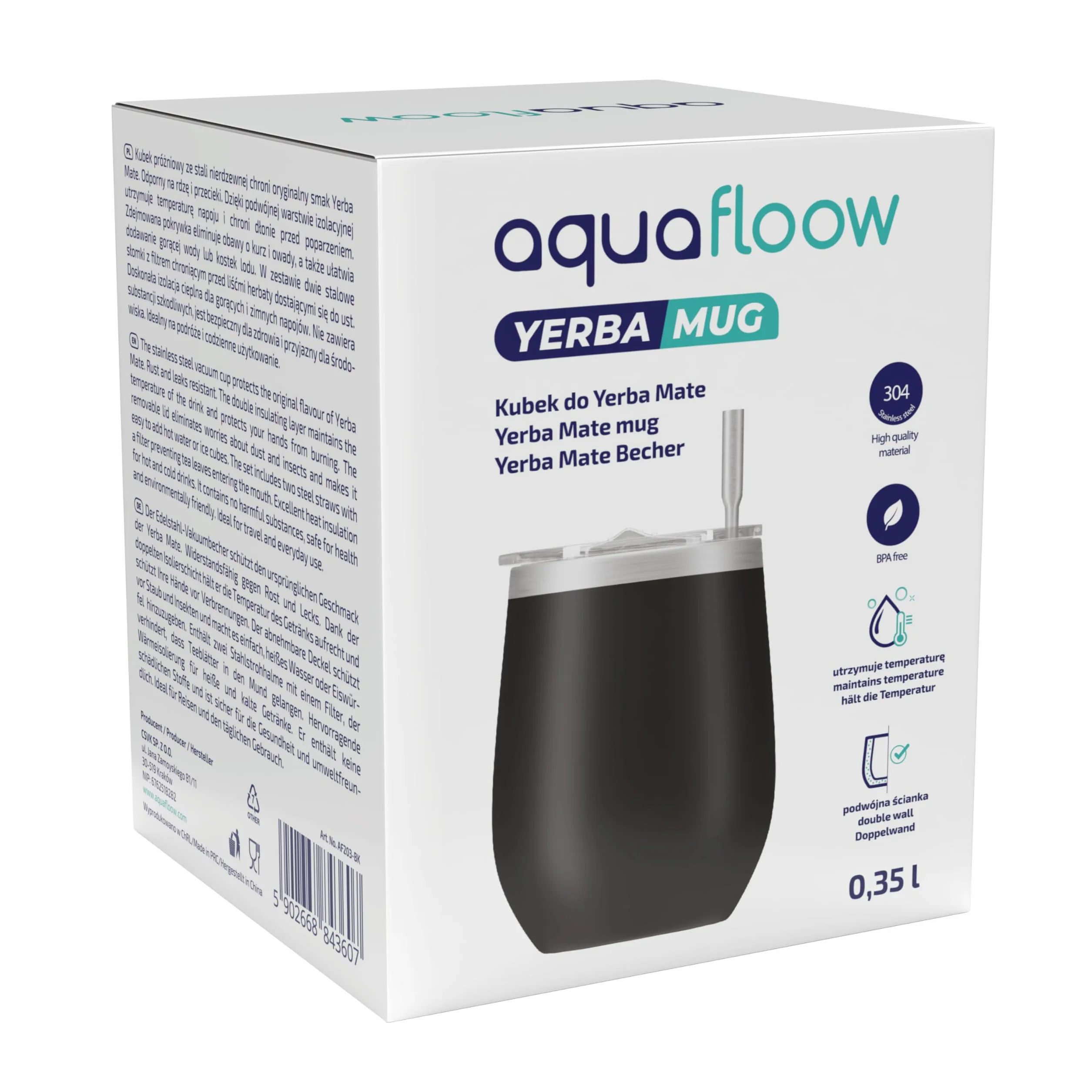 Aquafloow Kubek do Yerba Mate 350 ml + 2 Stalowe Słomki, Kubek z Podwójnymi Ściankami do Yerba Mate | Pokrywka Wolna od BPA, Zestaw do Herbaty ze Stali Nierdzewnej do Mate, Yerba – Czarny