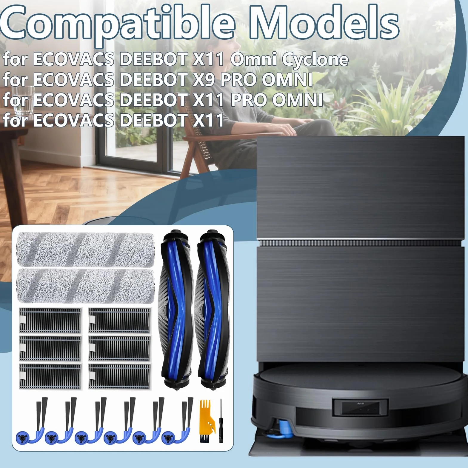 Akcesoria do ECOVACS DEEBOT X11 OMNICYCLONE, X9 PRO Omni Odkurzacze | X11 PRO Omni Części Zamienne 18 sztuk, 2 Szczoteczki Gówne, 2 Szpilki na Rolk, 6 Filtrów, 6 Szczoteczek Bocznych