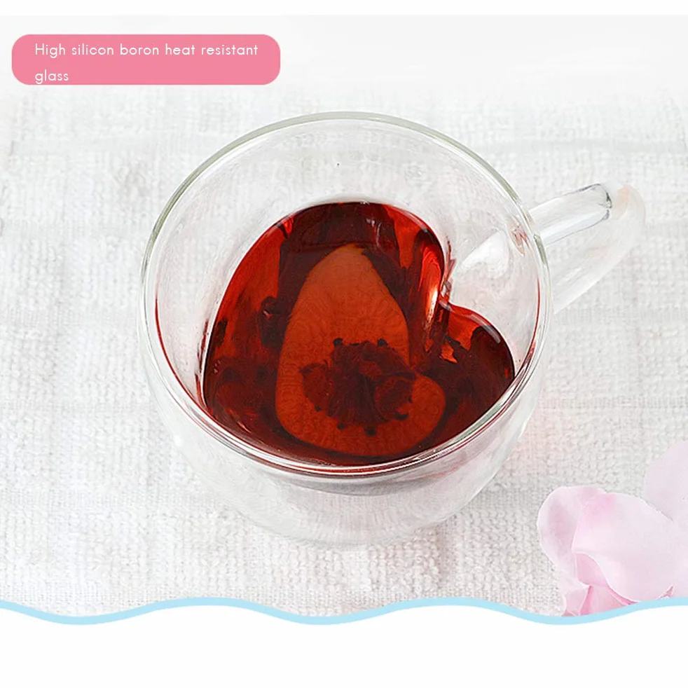 Szklany kubek, w kształcie serca podwójna ściana szklany kubek żaroodporny kubek do herbaty 180 ml/240 ml