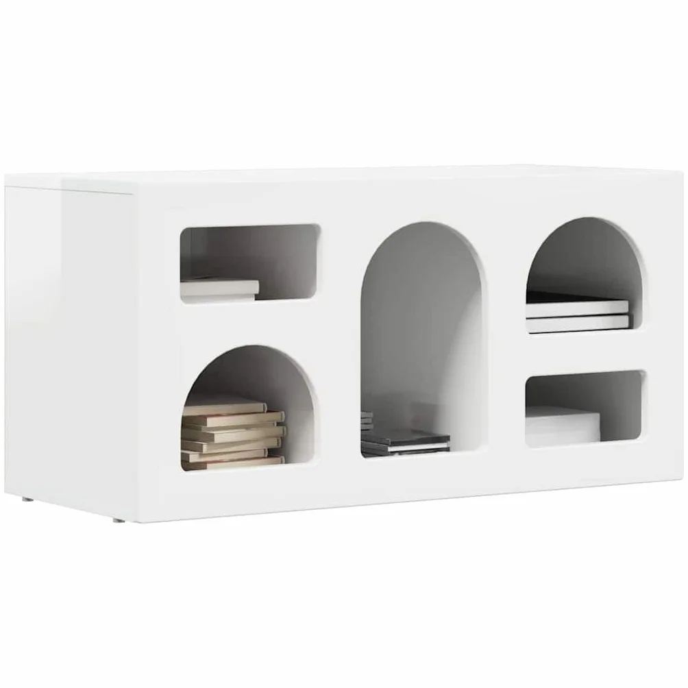 Szafka pod telewizor o wysokim połysku, biała, 80 x 35 x 40 cm, materiał drewnopochodny, konsola medialna z 5 półkami, wytrzymała konstrukcja, do salonu, sypialni, uniwersalna podstawka pod