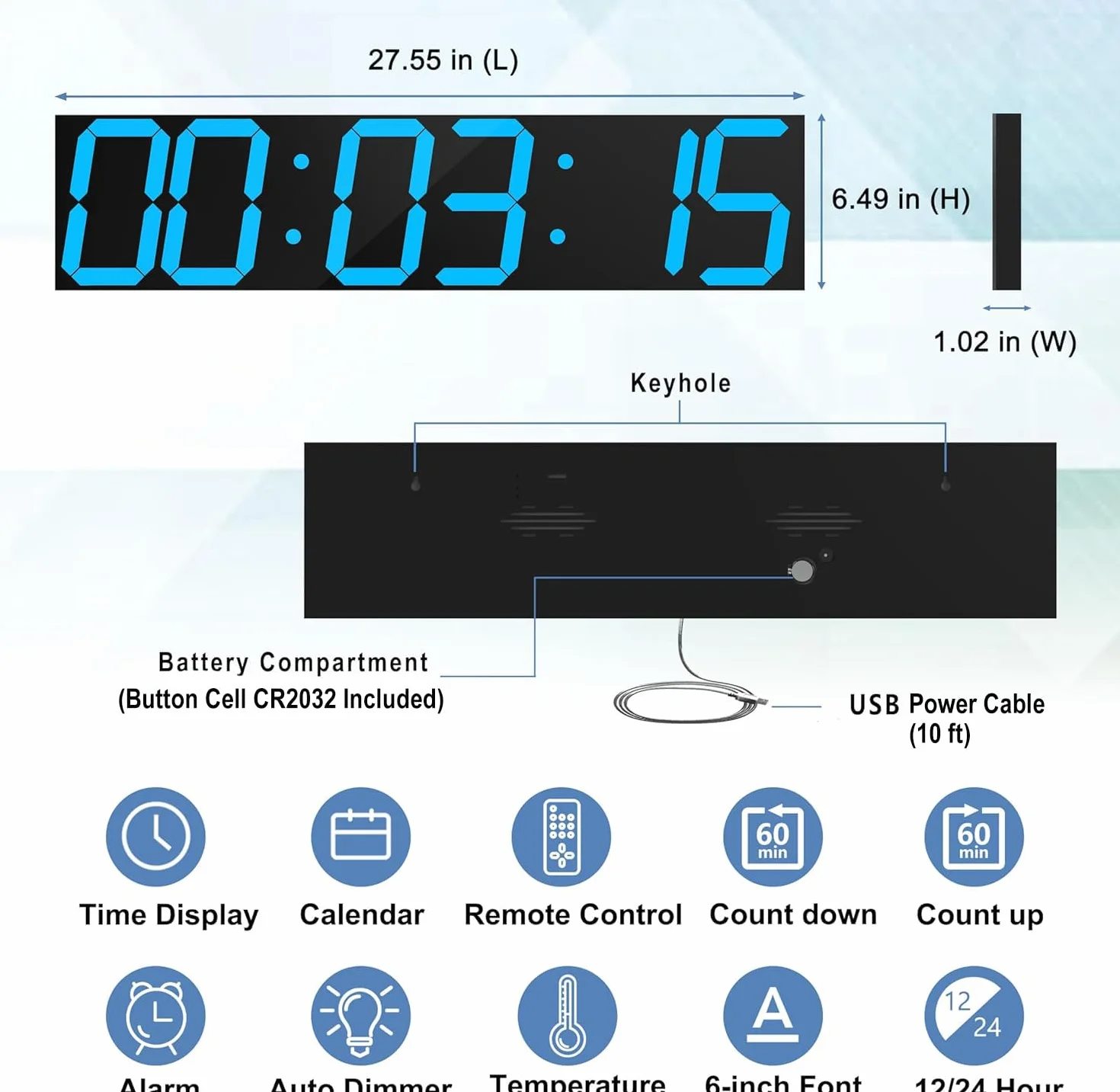 CHKOSDA Cyfrowy zegar ścienny, ponadwymiarowy zegar cyfrowy LED z automatycznym ściemniaczem, ogromny timer z pilotem zdalnego sterowania, wyświetlacz LED o szerokości 74 cm, 6 cyfr（Lodowy Błękit）