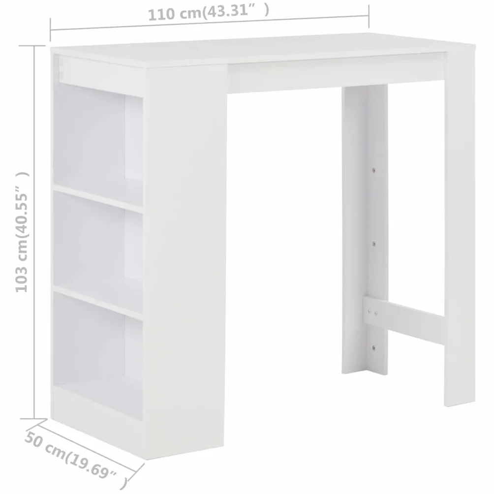 Stół barowy z regałem, biały, materiał drewnopochodny, 110 x 50 x 103 cm, stabilny, nie zajmuje dużo miejsca, nowoczesny do kuchni, jadalni, salonu, z 3-stopniowym regałem do przechowywania