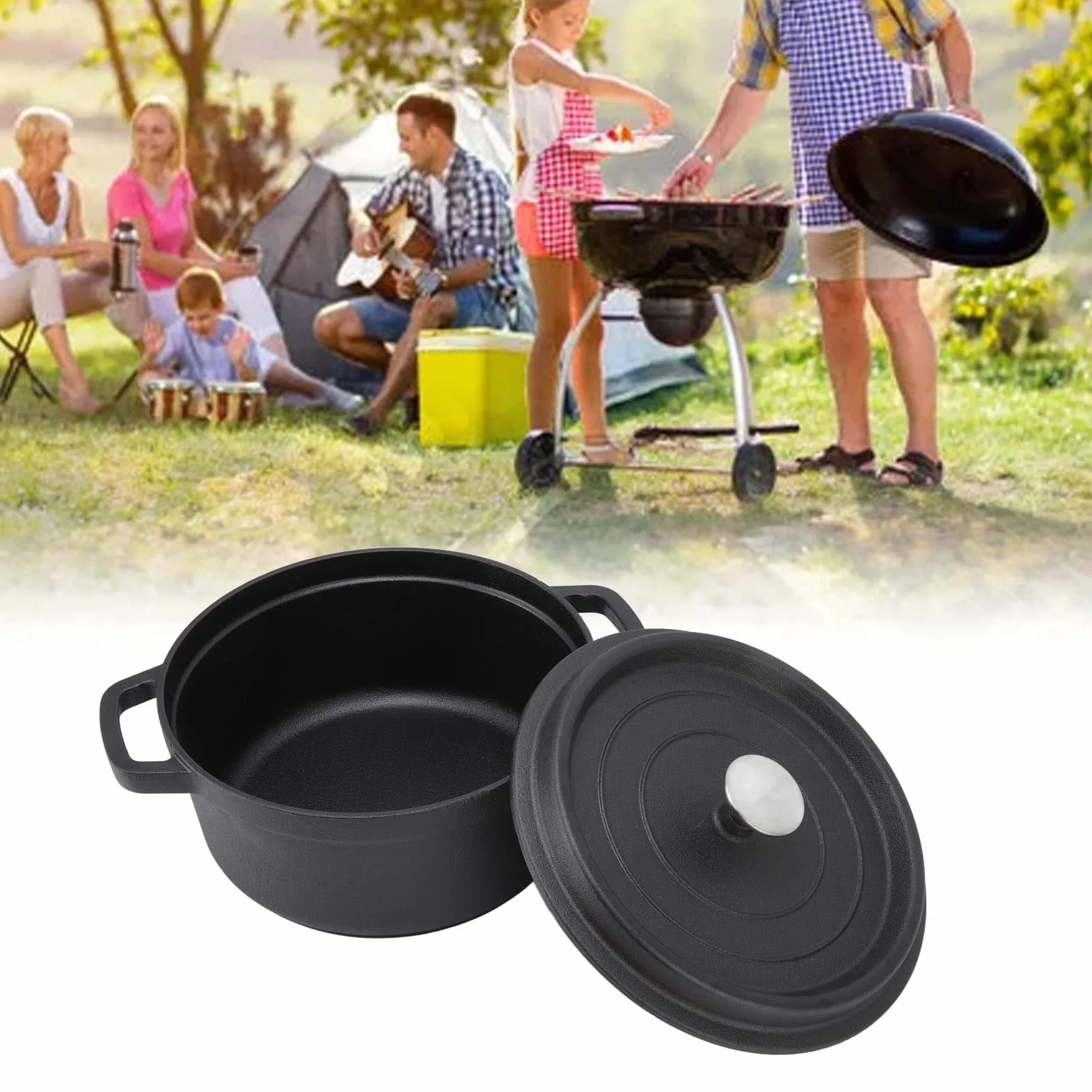 Naroote 24cm żeliwny Holenderski Garnek do Pieczenia z podwójną pętlą Niepowlekany Holenderski Piekarnik z Płaskim Dnem z pokrywką i Podwójnym Uchwytem z pętlą do Gulaszu z Zupy