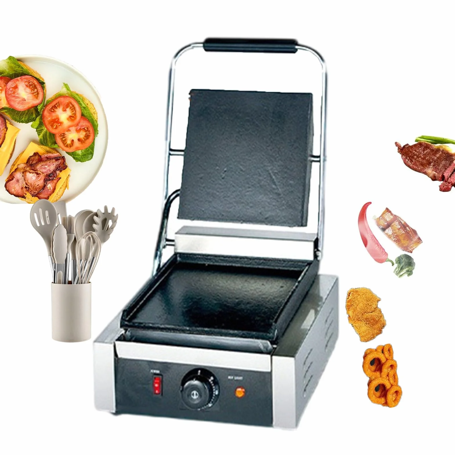 Elektryczny Grill Do Kanapek + 9 Przyborów Kuchennych, Komercyjny Głęboki Toster Do Kanapek Z Gładkim Grillem, Elektryczna Patelnia Do Kanapek Ze Stali Nierdzewnej 1800 W / 2200 W,1800W