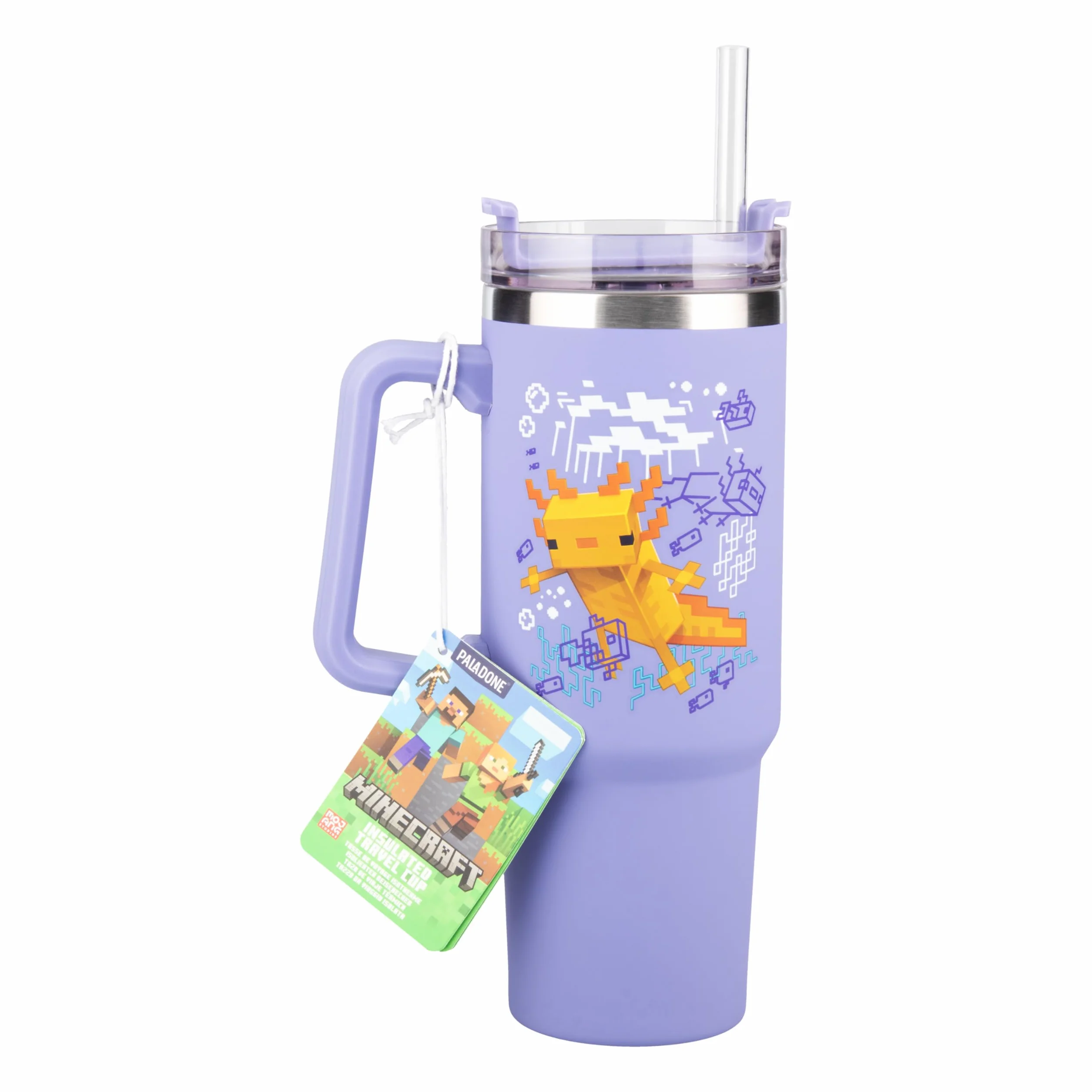 Paladone - Fiolet Axolotl Minecraft kubek termiczny i słomka, 900 ml, oficjalnie licencjonowany kubek podróżny i uchwyt do mrożonej herbaty lub kawy, gadżety do gier